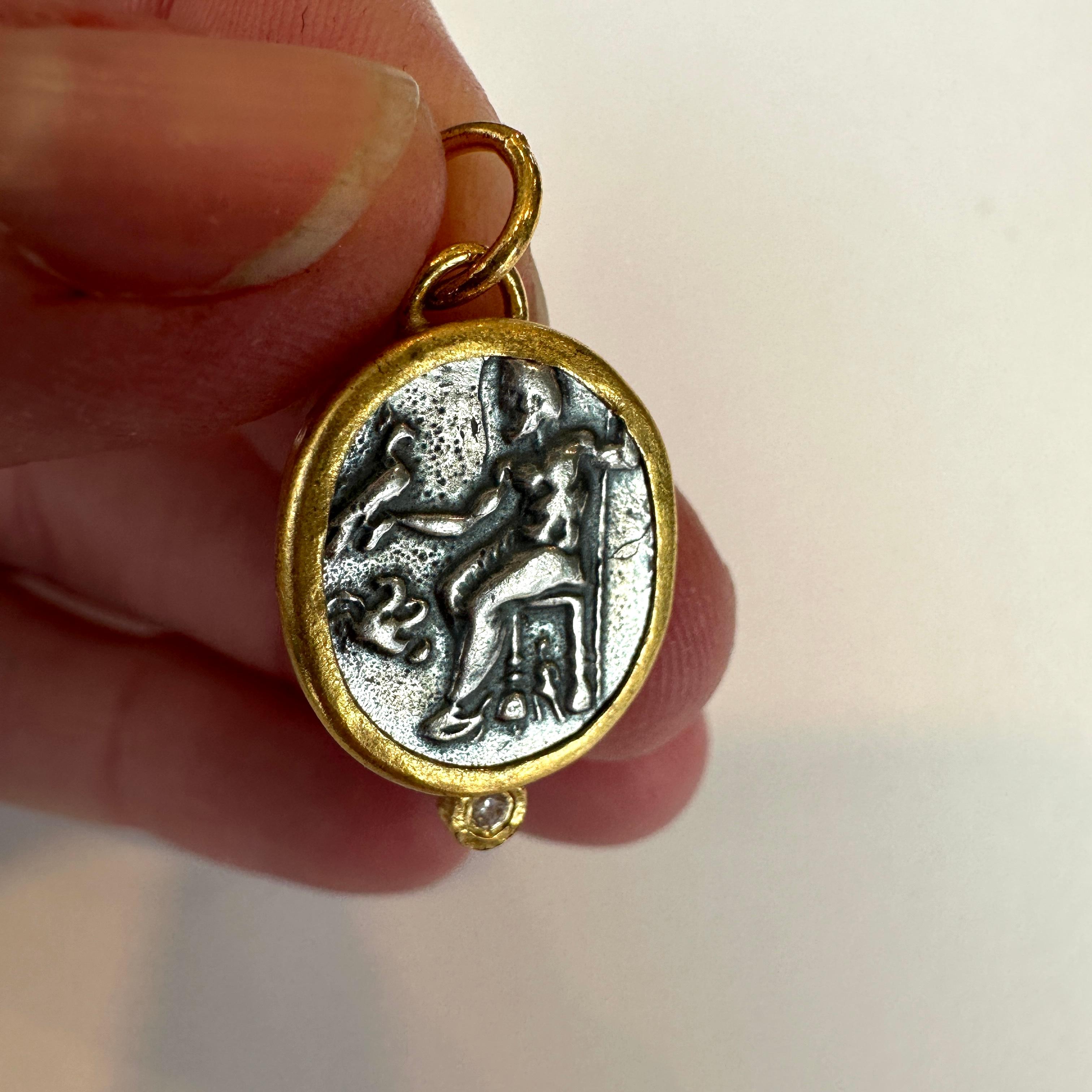 Ancient Zeus Seated, Holding Eagle and Scepter, Coin Pendant, 24k Gold Diamonds In New Condition For Sale In Bozeman, MT