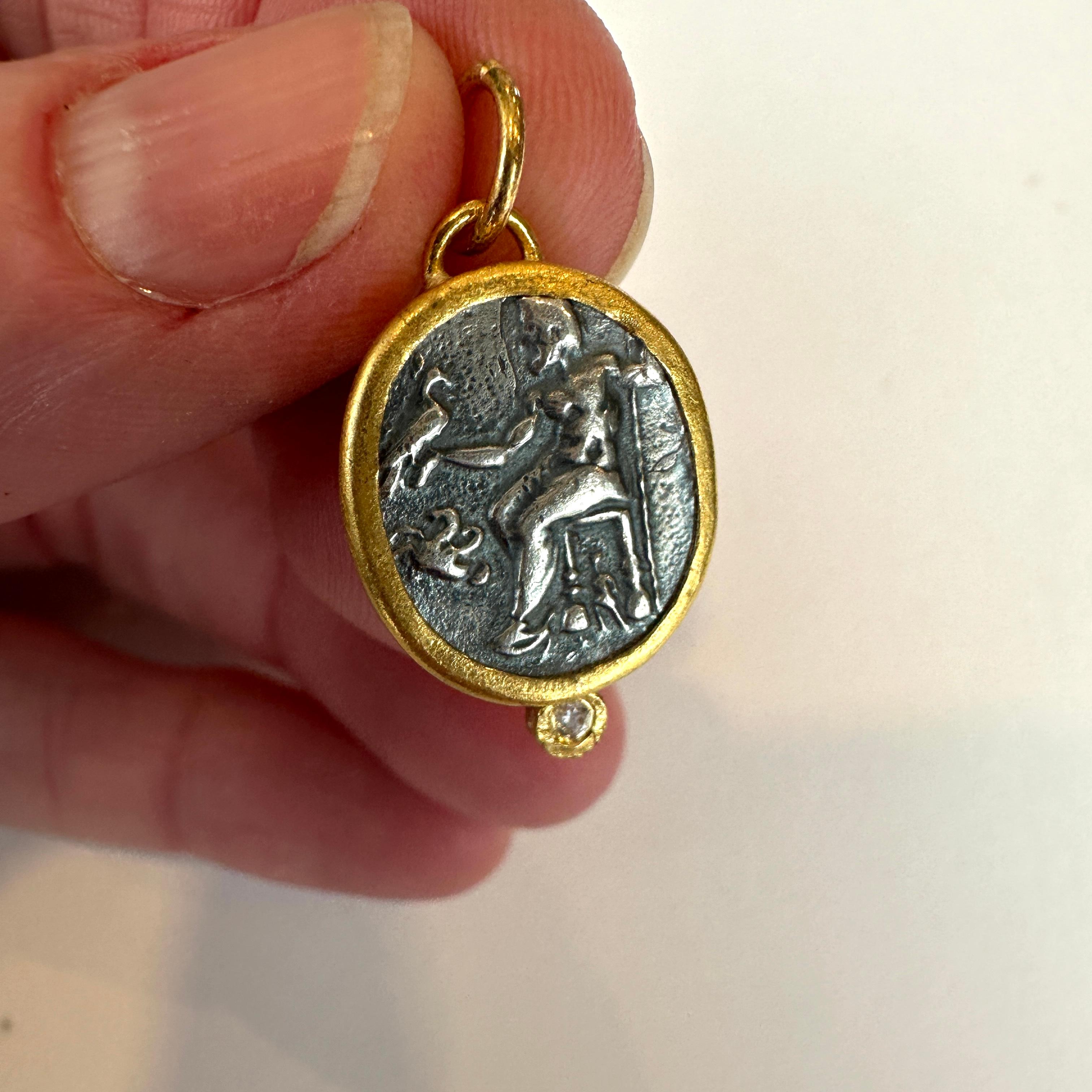 Women's or Men's Ancient Zeus Seated, Holding Eagle and Scepter, Coin Pendant, 24k Gold Diamonds For Sale