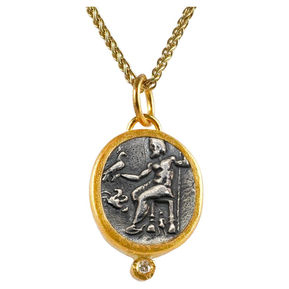 Ancien Zeus assis tenant un aigle et un sceptre, pendentif pièce de monnaie, or 24 carats et diamants