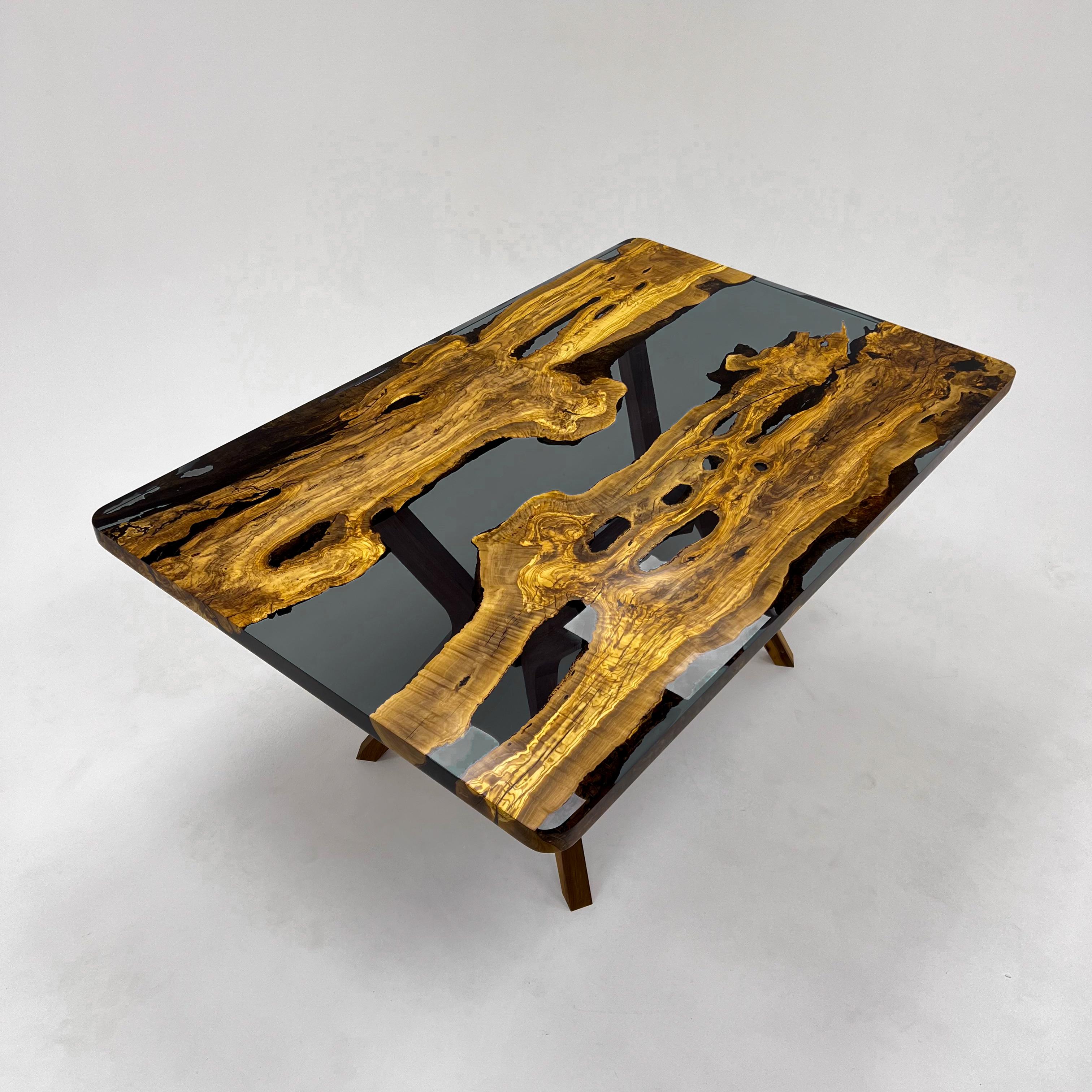Epoxy Resin Anciet Olive Epoxy Dark Gray Resin Dining Table For Sale