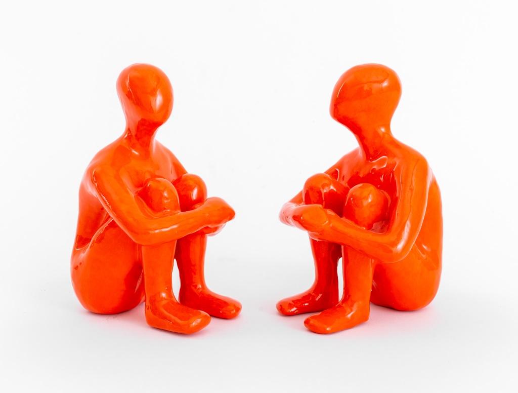 Two Ancizar Marin (Colombian, b. 1968), Seated Male Figures, Mixed Media Sculptures in orange, 2017, each signed and dated to underside. 6.5