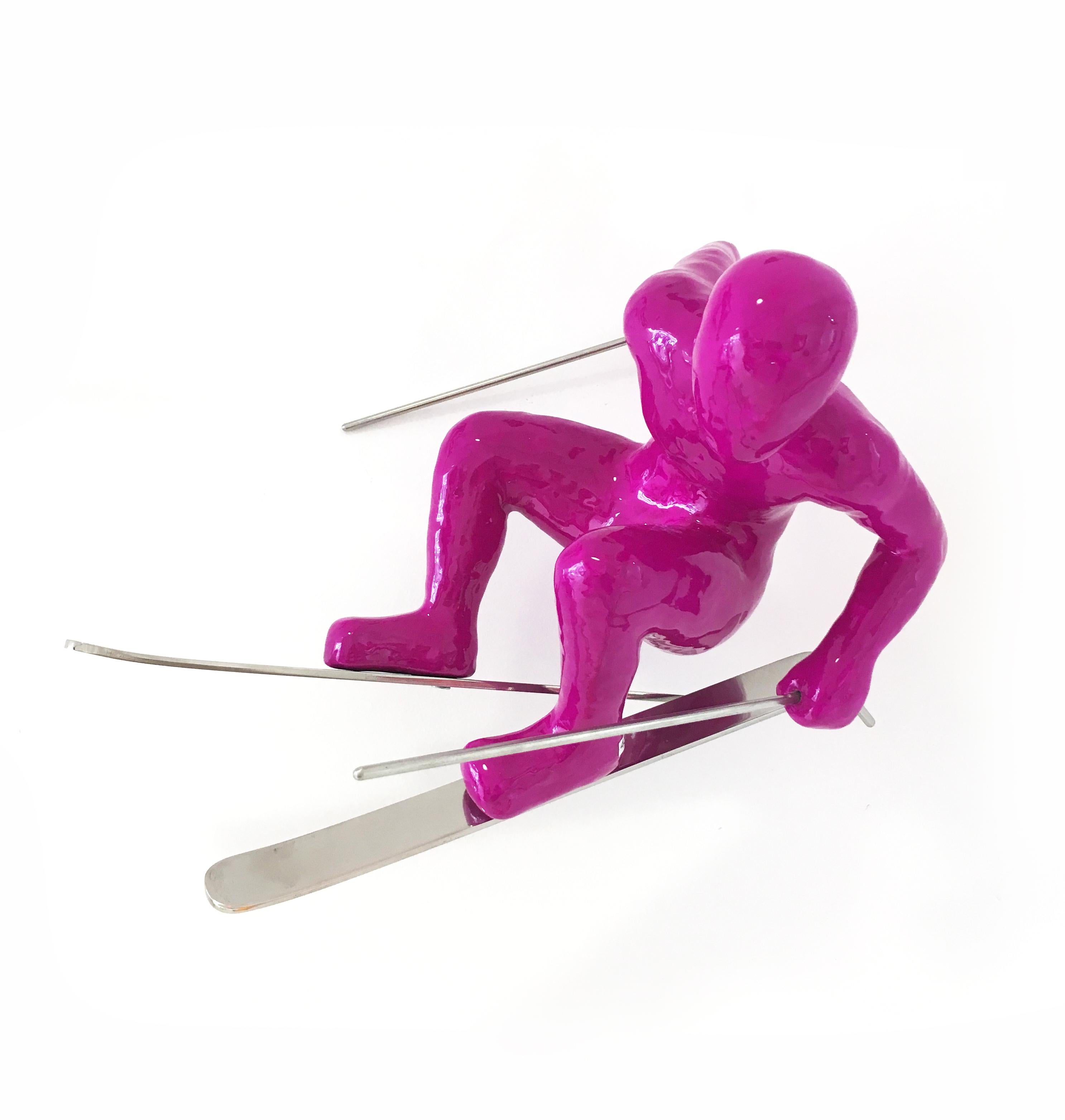 Ancizar Marin Figurative Sculpture - Skier (Magenta), Resin