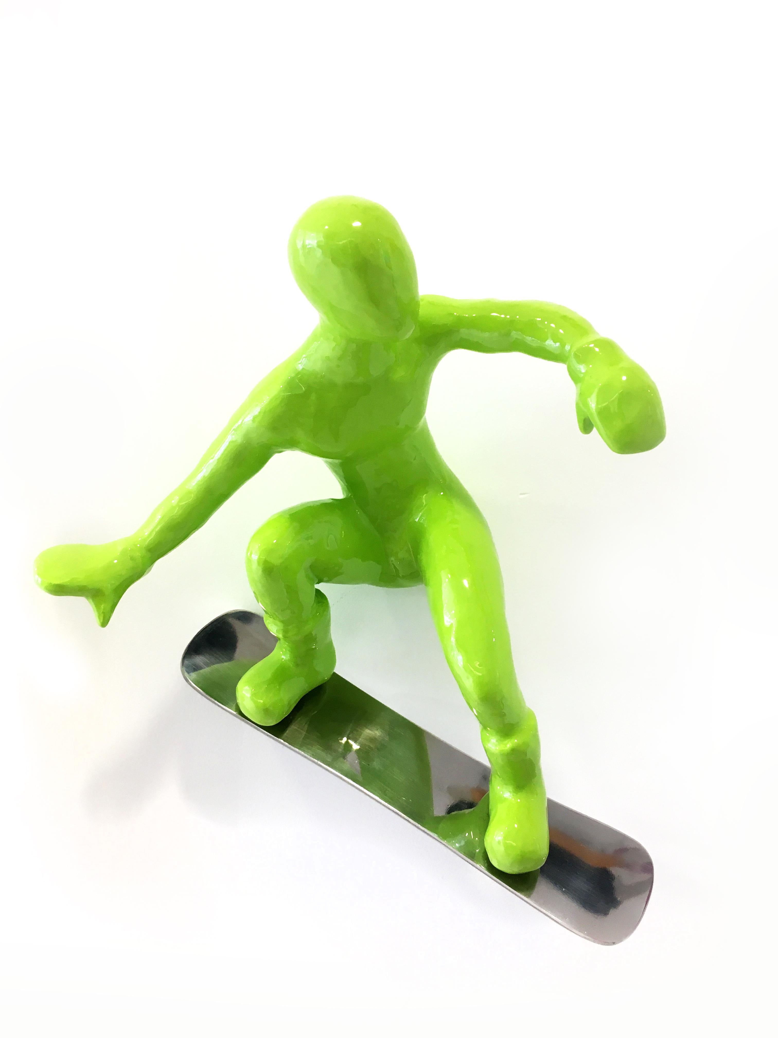 Ancizar Marin Figurative Sculpture - Snowboarder (Green), Resin
