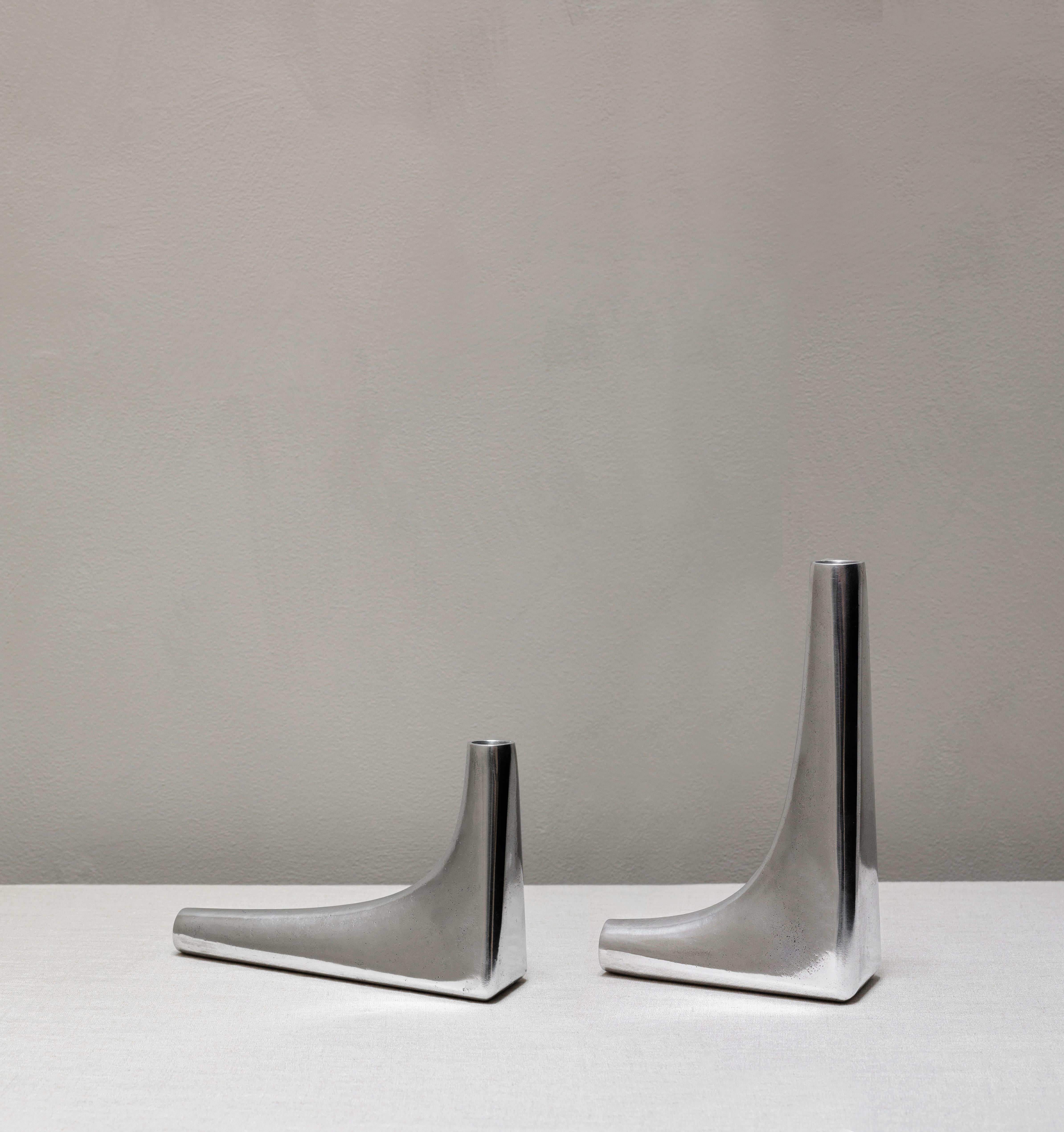 Organic Modern Âncora Candle Holder in Semi Polished Aluminum Handcrafted in Portugal by Origin For Sale
