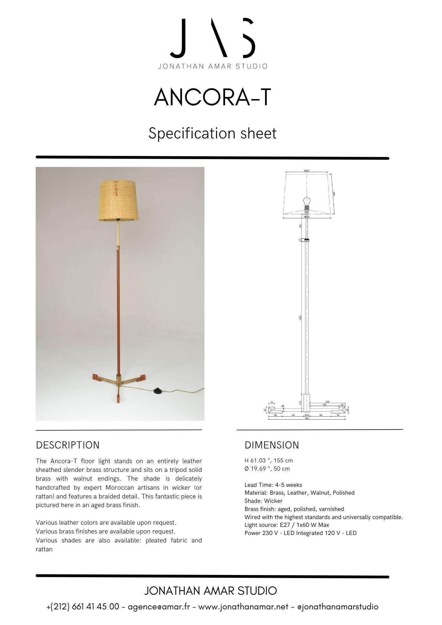 Lampada da terra Ancora-T contemporanea regolabile in pelle e vimini in vendita 8