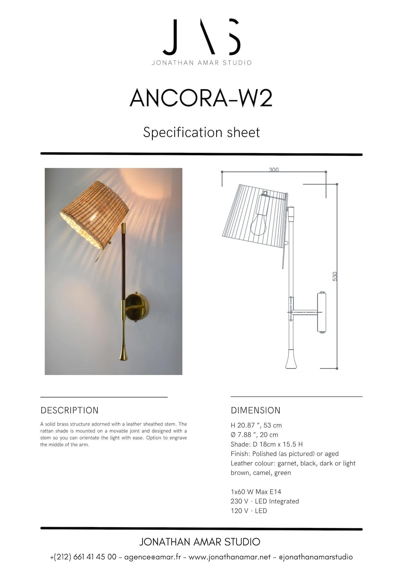 Ancora-W2 Contemporary Brass and Rattan Wall Light, Flow Collection For Sale 9