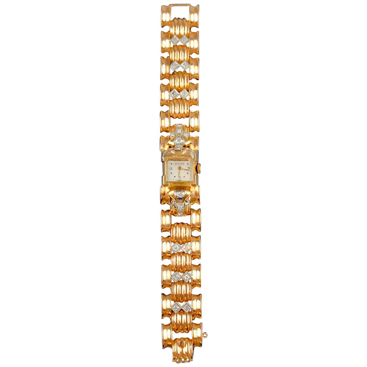 Ancre 15 Rubis 18 Carat Gold Diamond Ladies Watch For Sale
