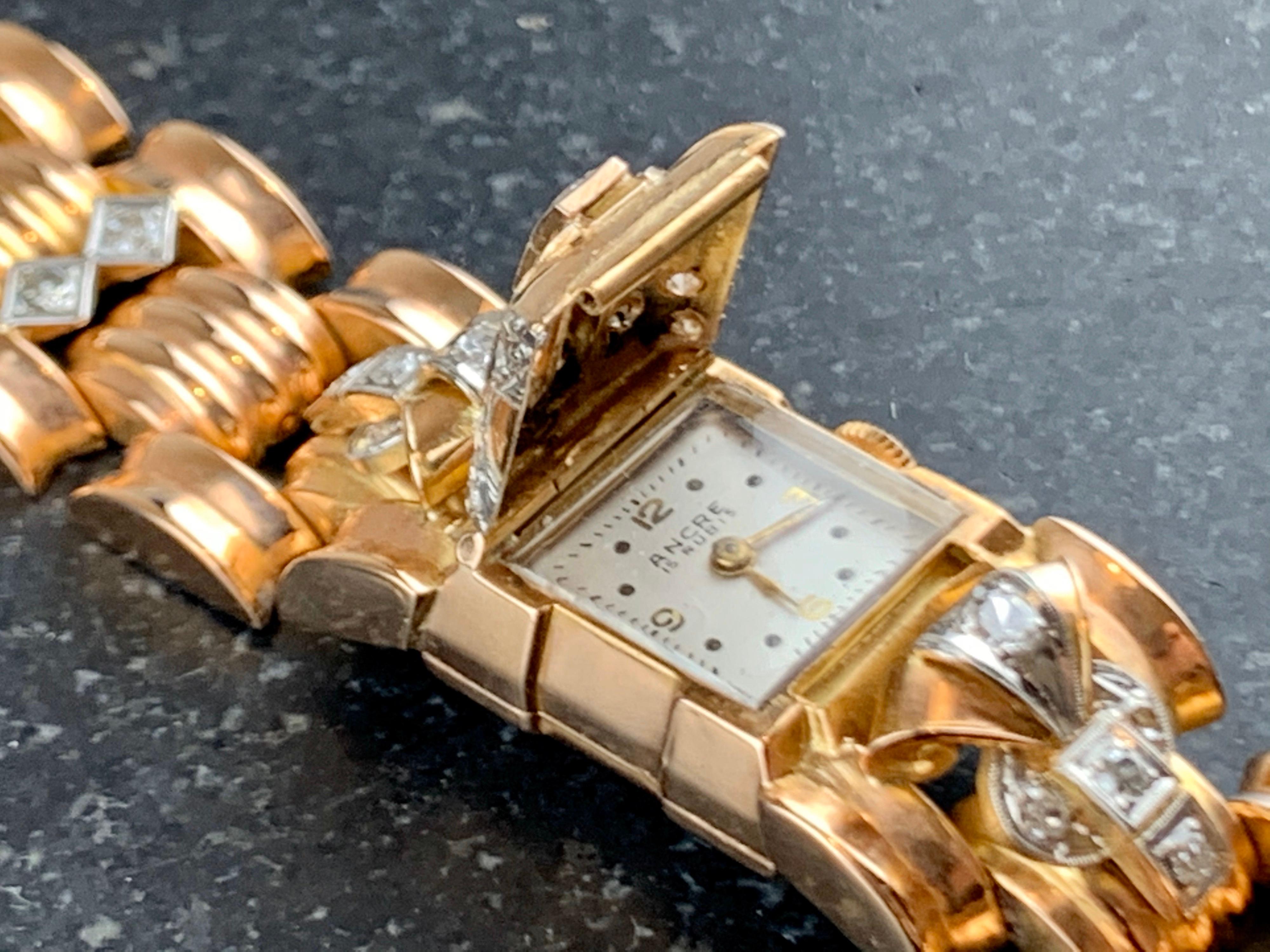Art Deco, 1920`s-1940`s Ancre 15 Rubis 18 Carat Rose Gold 1.5 Carat Diamond Ladies Cocktail Wrist Watch. Complete With 18 Carat Rose Gold Bracelet Strap With Brilliant Cut Diamonds. Unusual Piece, The Wound Watch Is Hidden By Bracelet Fascia With An