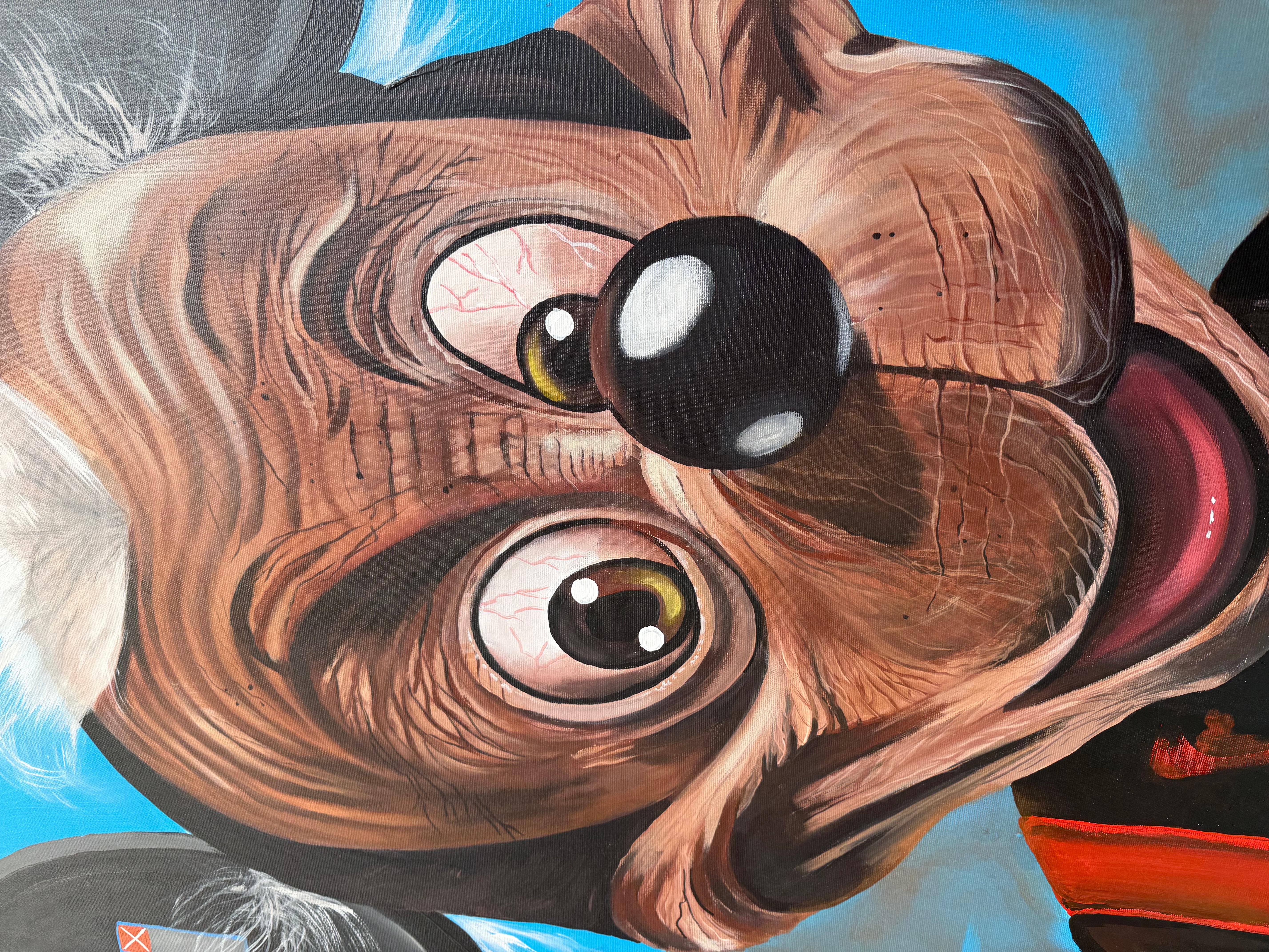 In this striking mixed-media work, Mickey Mouse is reimagined not as a sanitized corporate mascot, but as a timeworn icon—faded, cracked, and resolutely present. His crooked smile and softened hues evoke decades of cultural wear, positioning him as