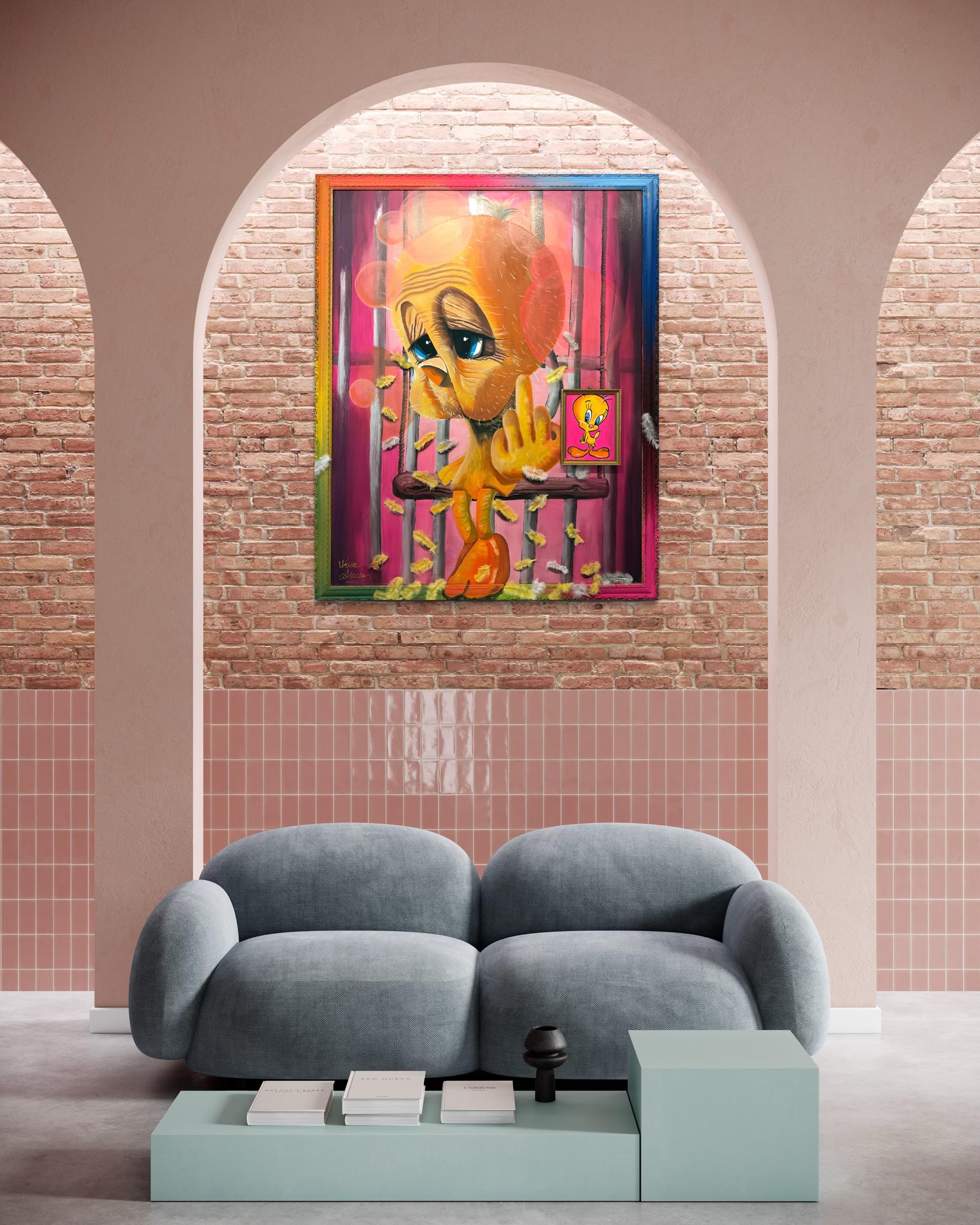 Silent Beak – The Freedom of a Retired Icon - Pink Portrait Painting by Ancsa Weide 