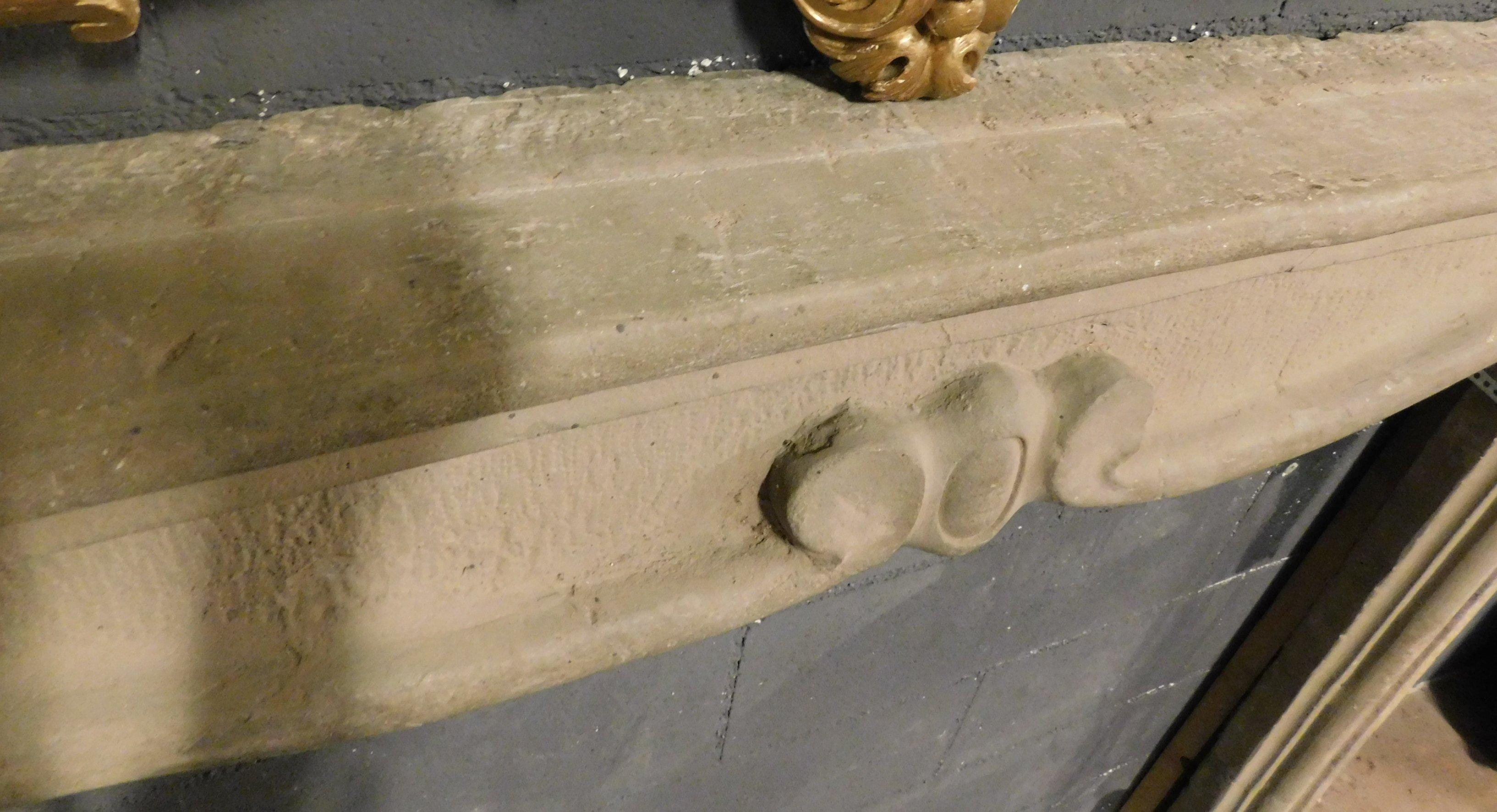 Stone Anctique carved fireplace mantle in Serena stone, 18th century Italy