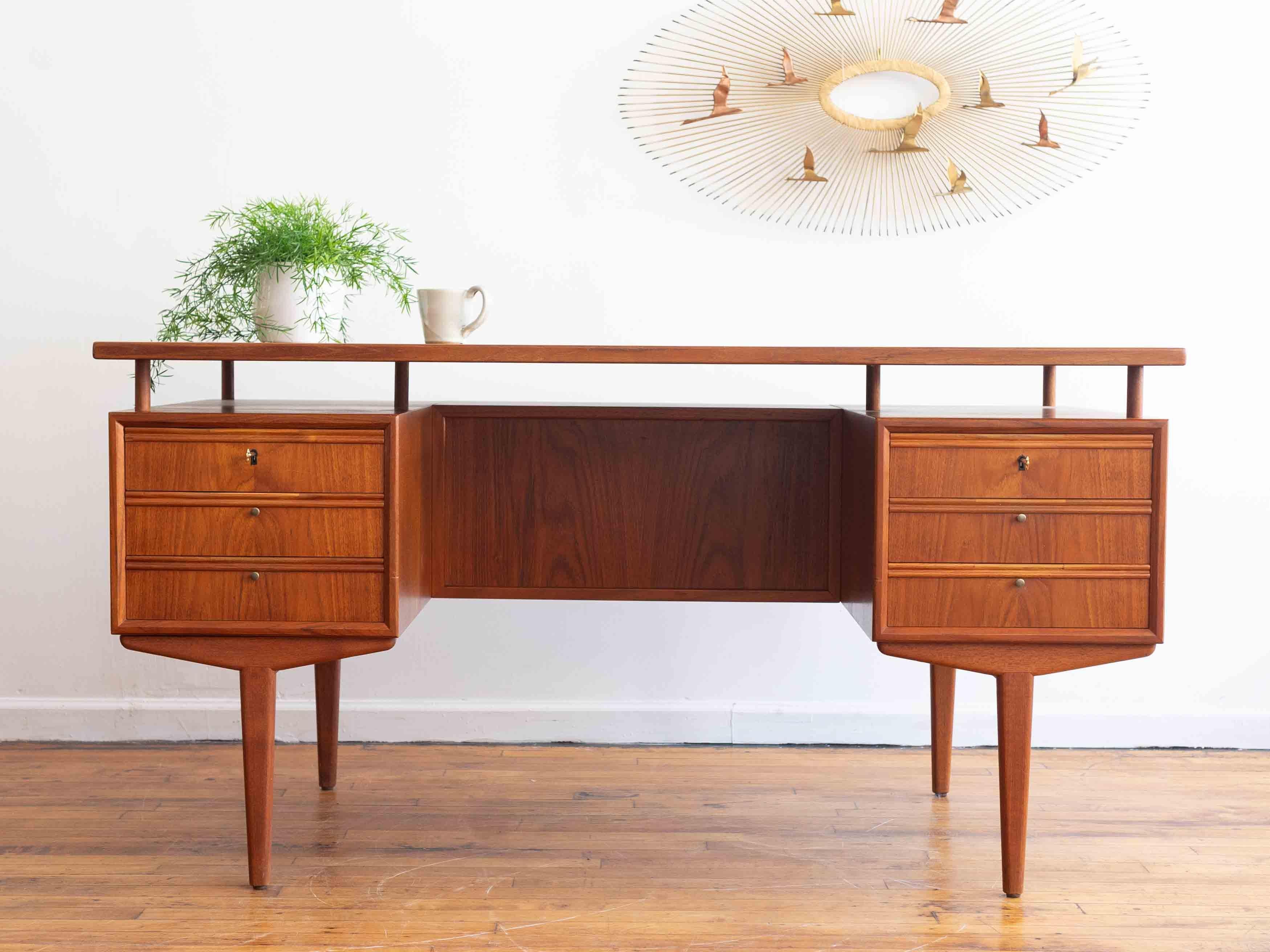 Mid-Century Modern Vintage Mid Century Danish Teak Executive Desk With Floating Top