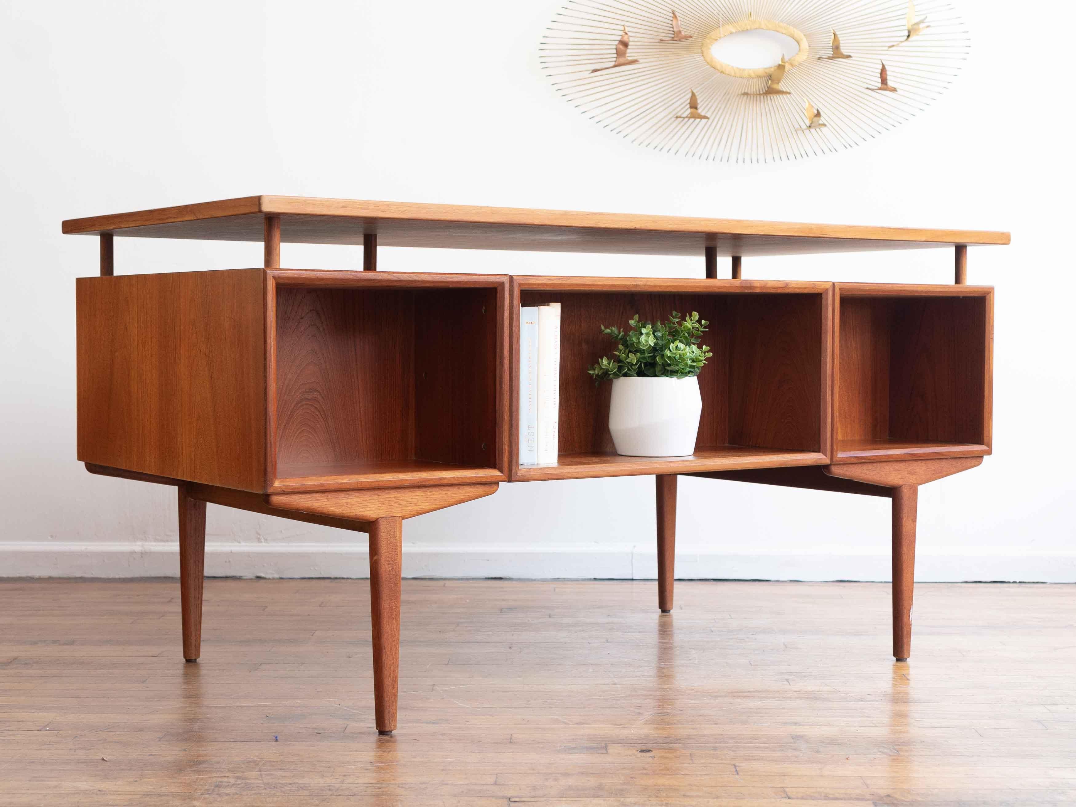 20th Century Vintage Mid Century Danish Teak Executive Desk With Floating Top For Sale