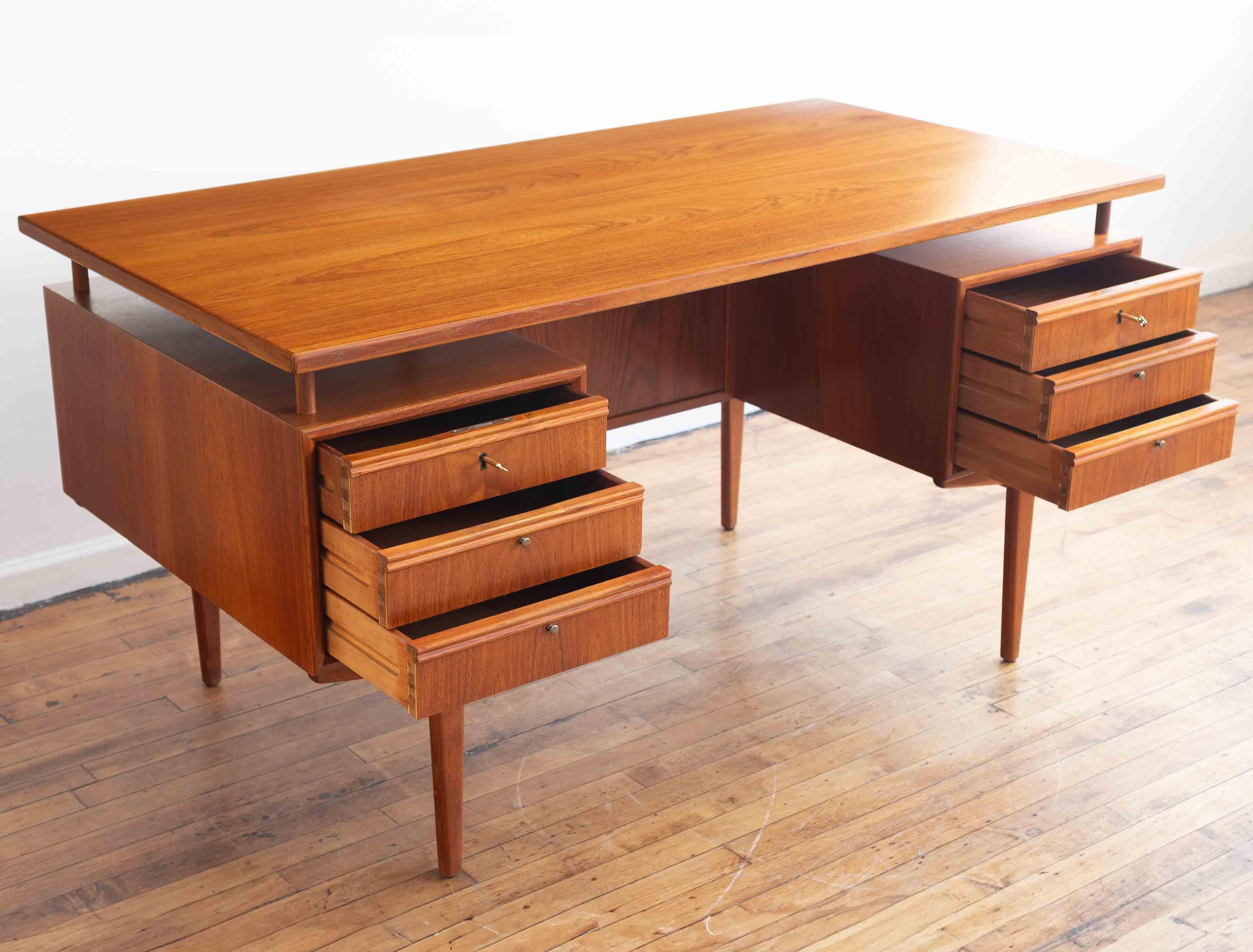 Vintage Mid Century Danish Teak Executive Desk With Floating Top 2