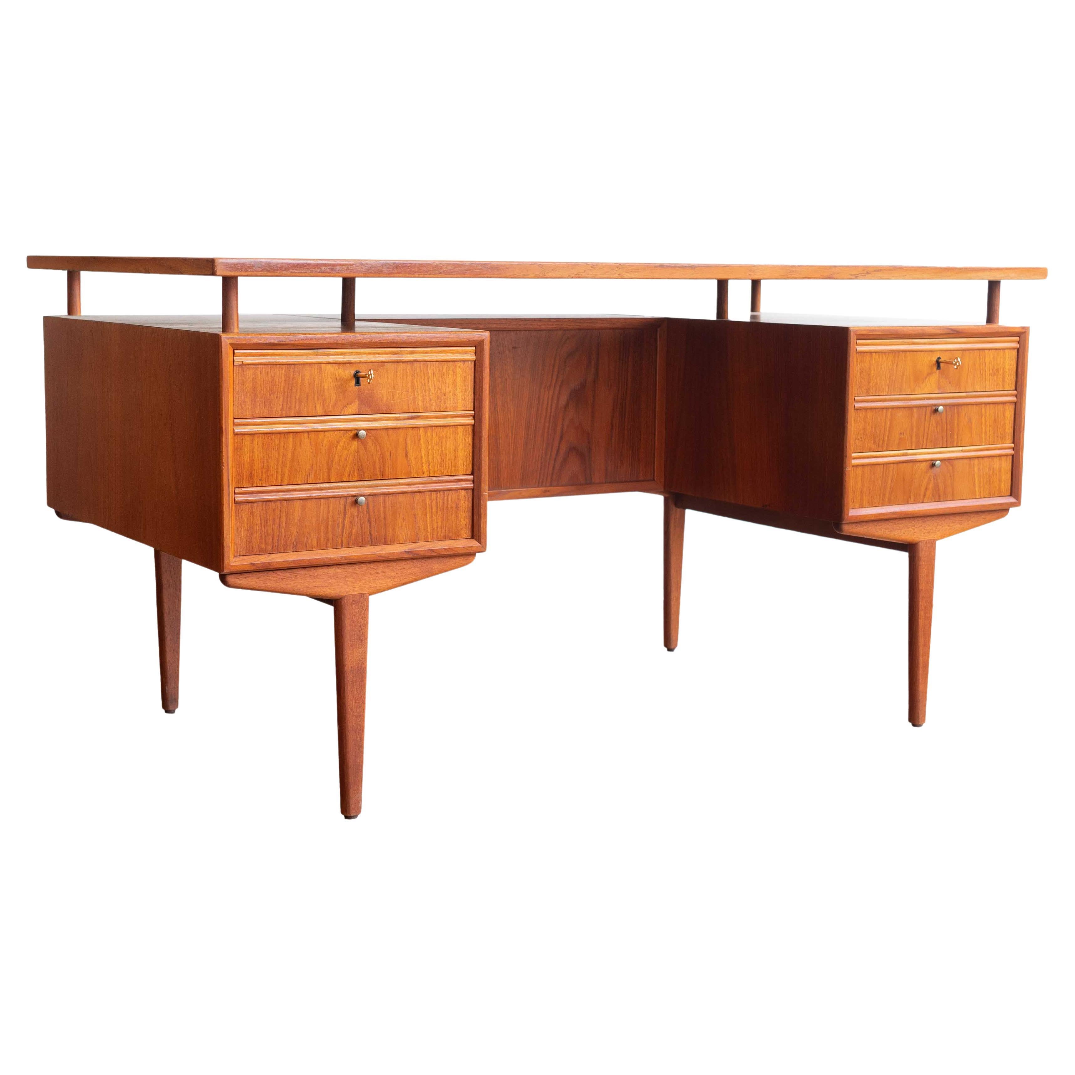 Vintage Mid Century Danish Teak Executive Desk With Floating Top For Sale