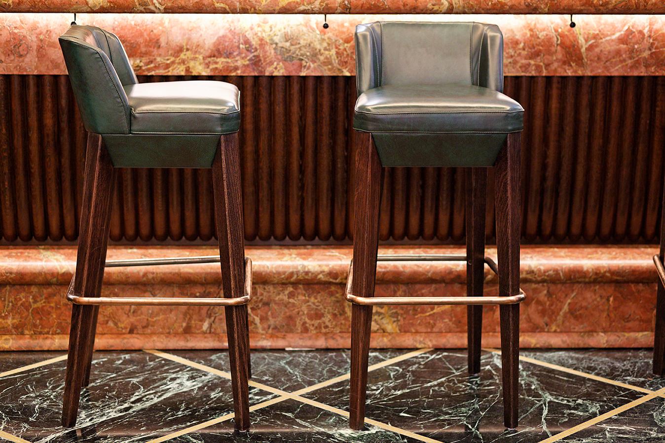 Bar Stool, Leather Upholstery, Oak and Brass Foot Rail For