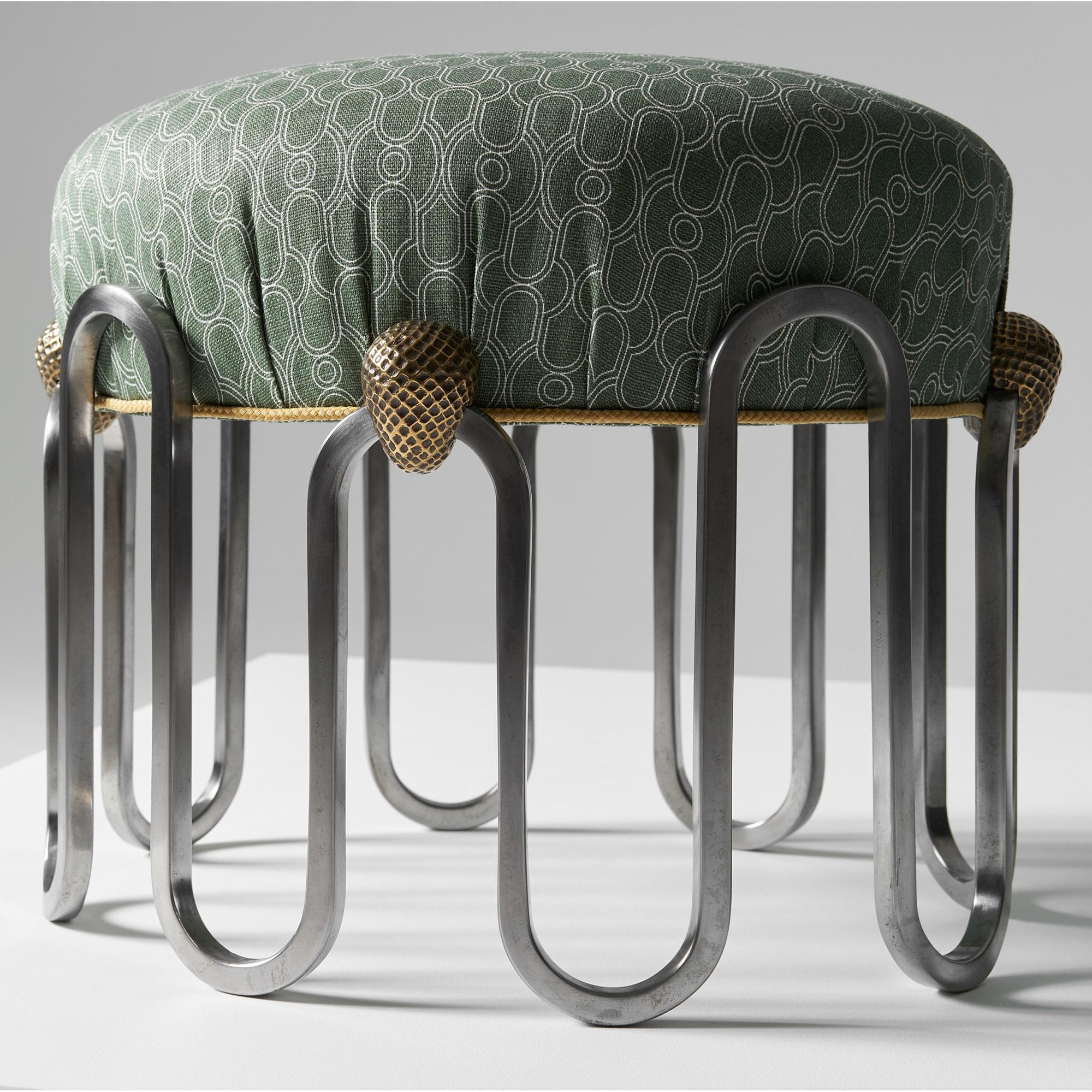 English Denmead Stool, Polished Stainless Steel with Brass Castings & Belgian Linen For Sale