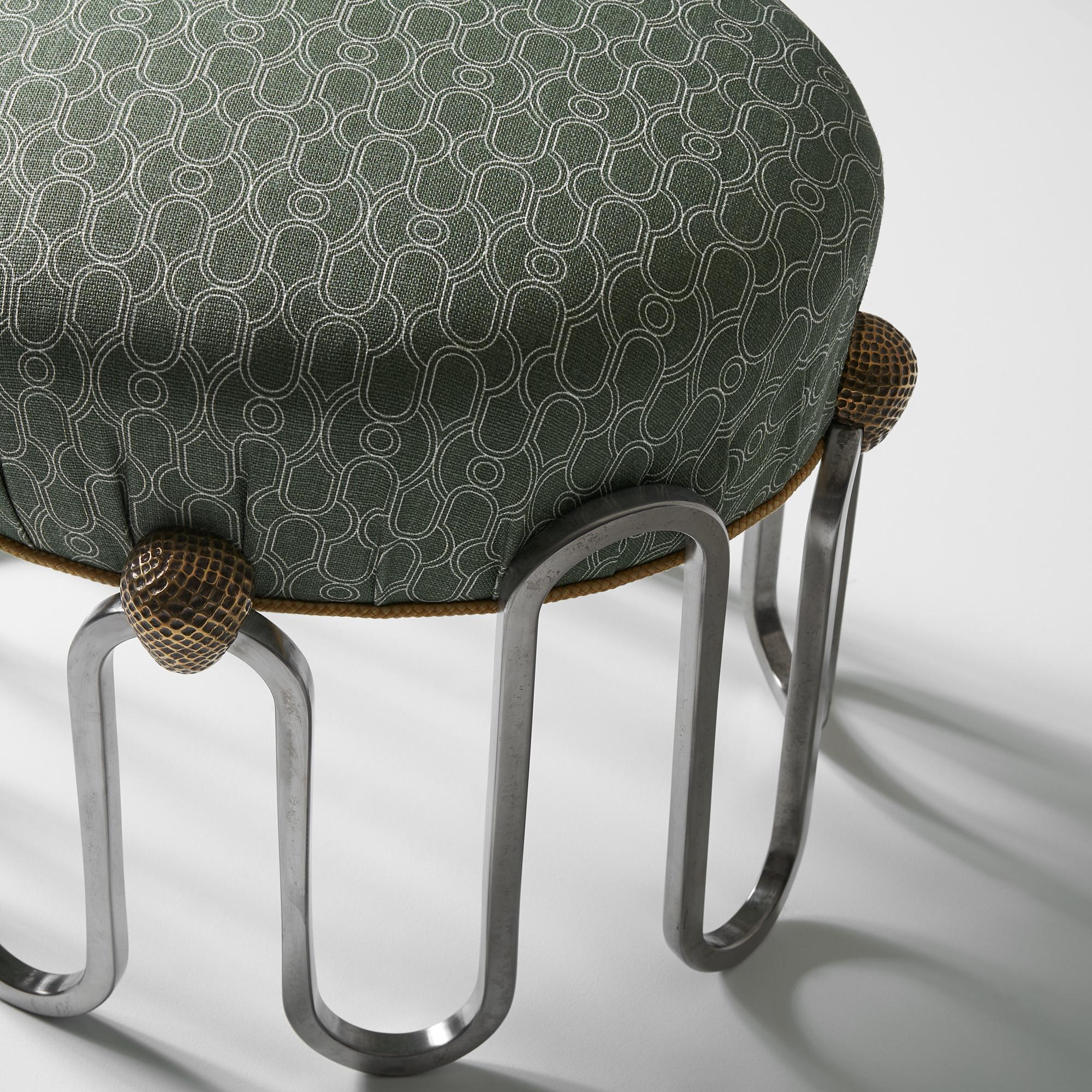 Hand-Crafted Denmead Stool, Polished Stainless Steel with Brass Castings & Belgian Linen For Sale