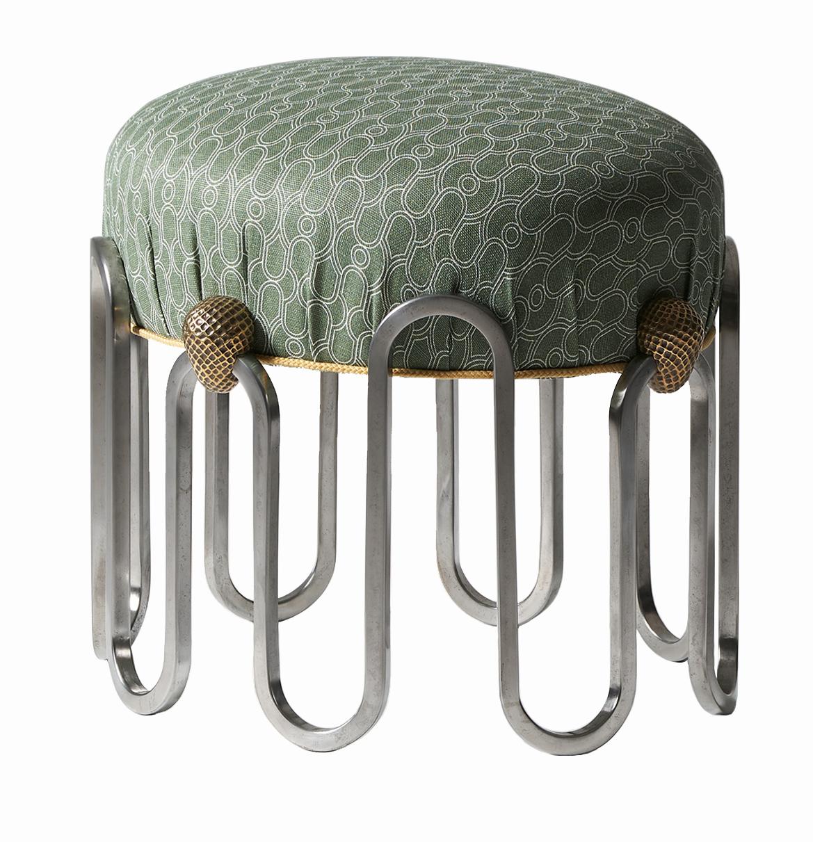 Denmead Stool, Polished Stainless Steel with Brass Castings & Belgian Linen For Sale 1