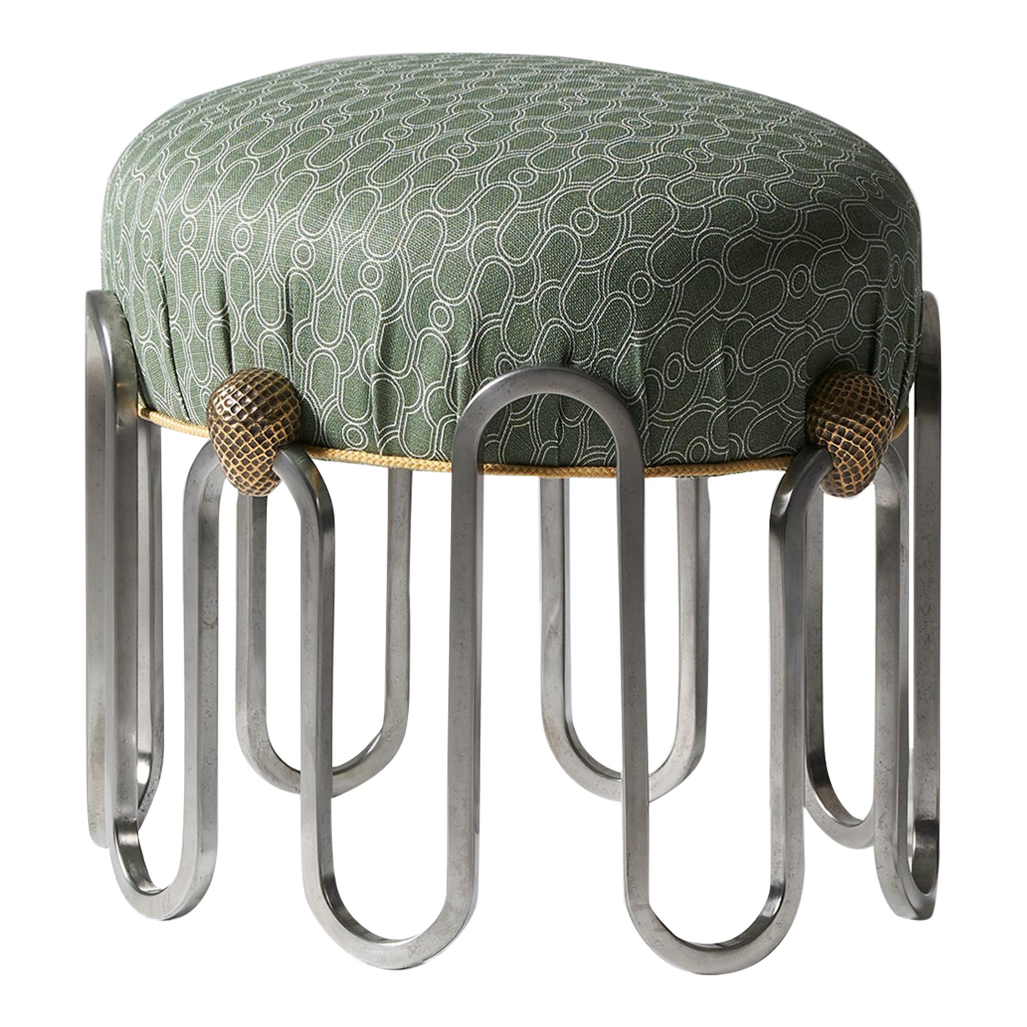 Denmead Stool, Polished Stainless Steel with Brass Castings & Belgian Linen For Sale