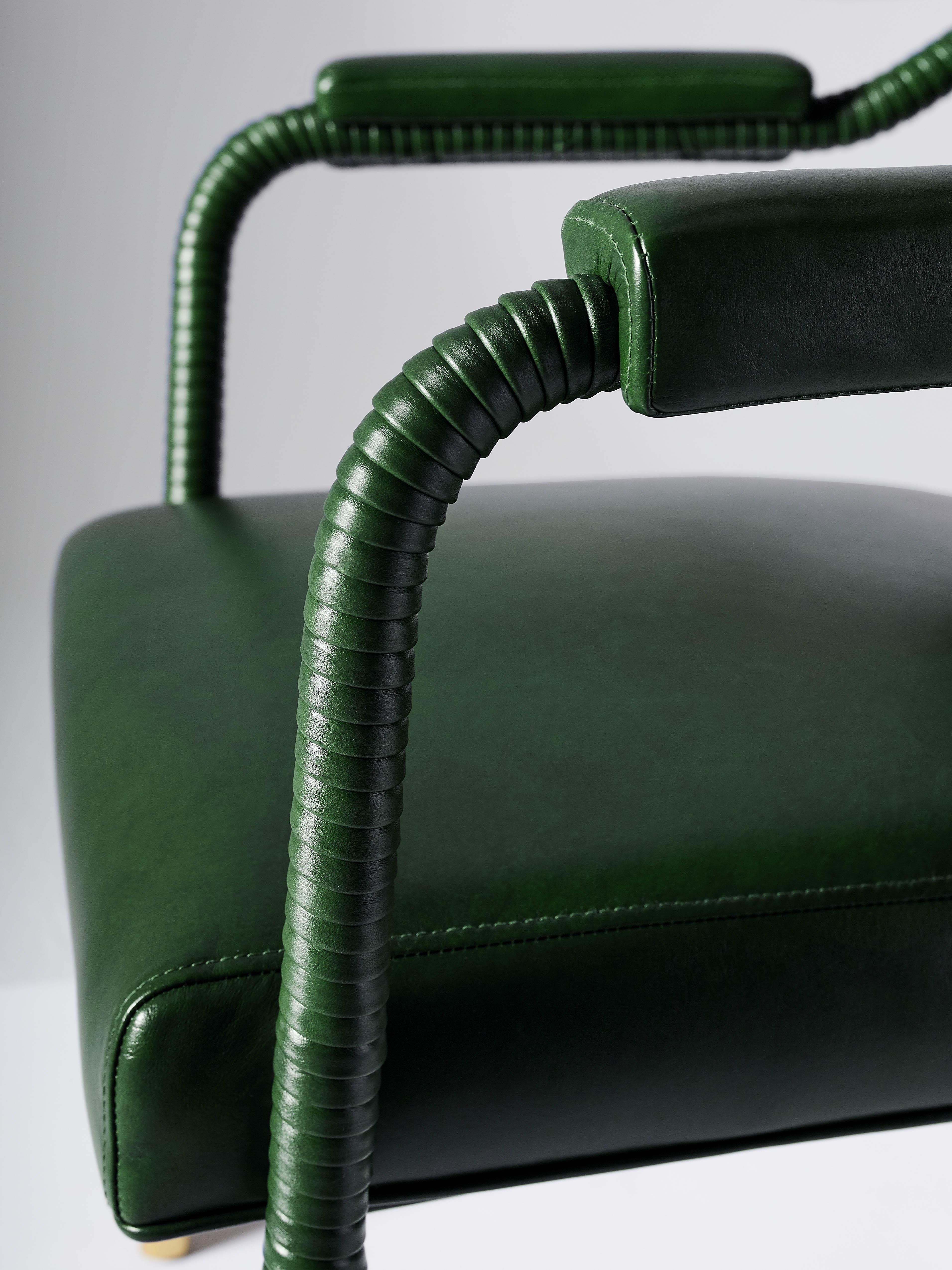 Brushed And Objects Easton Dining Chair, Fully Wrapped Upholstered Leather in Green