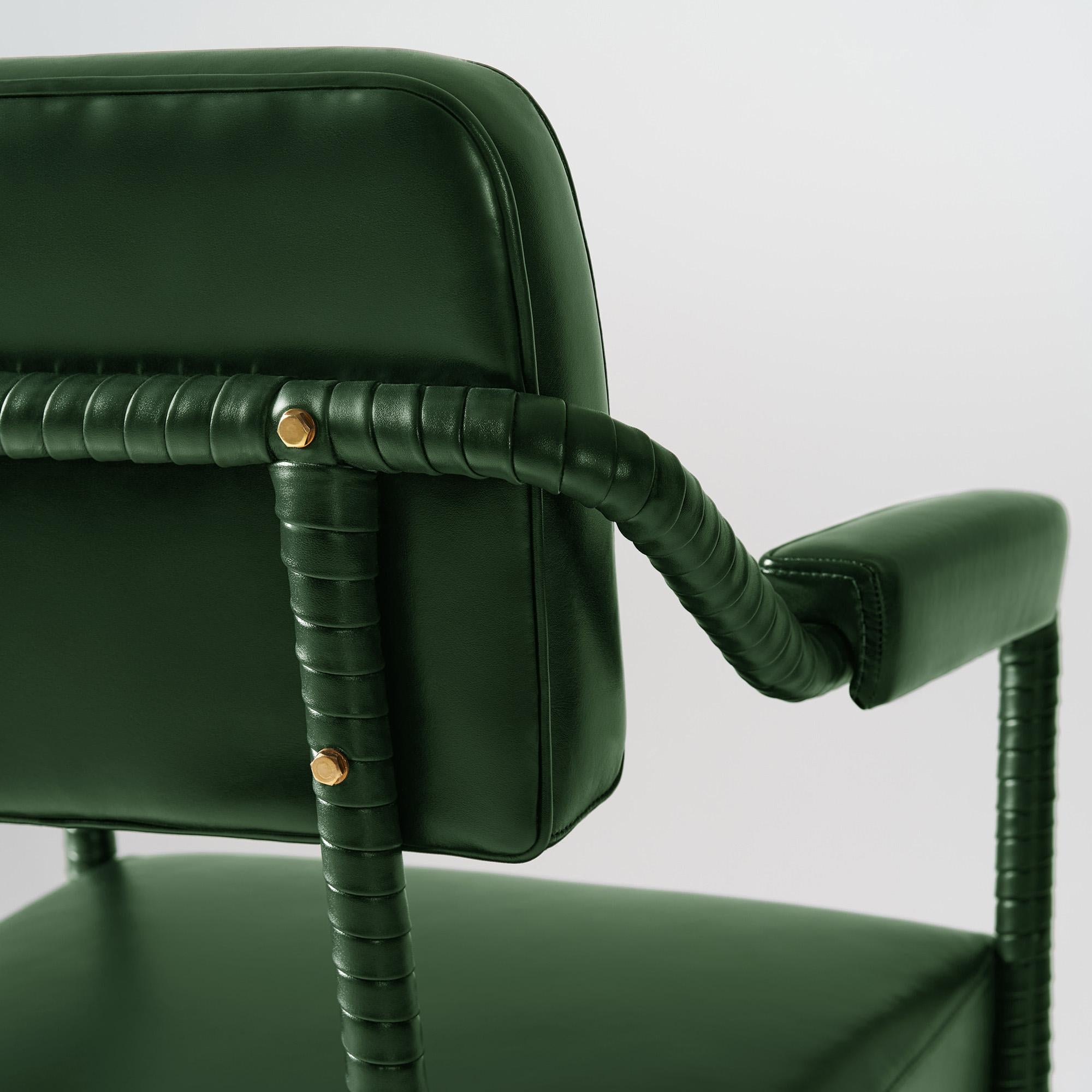 Brushed Easton Dining Chair, Fully Wrapped Upholstered Leather in Green Colour For Sale
