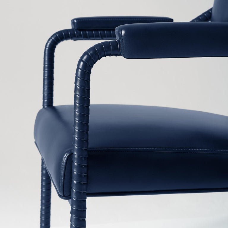 And Objects Easton Dining Chair, Fully Wrapped Upholstered Leather in Navy In New Condition For Sale In London, Greater London