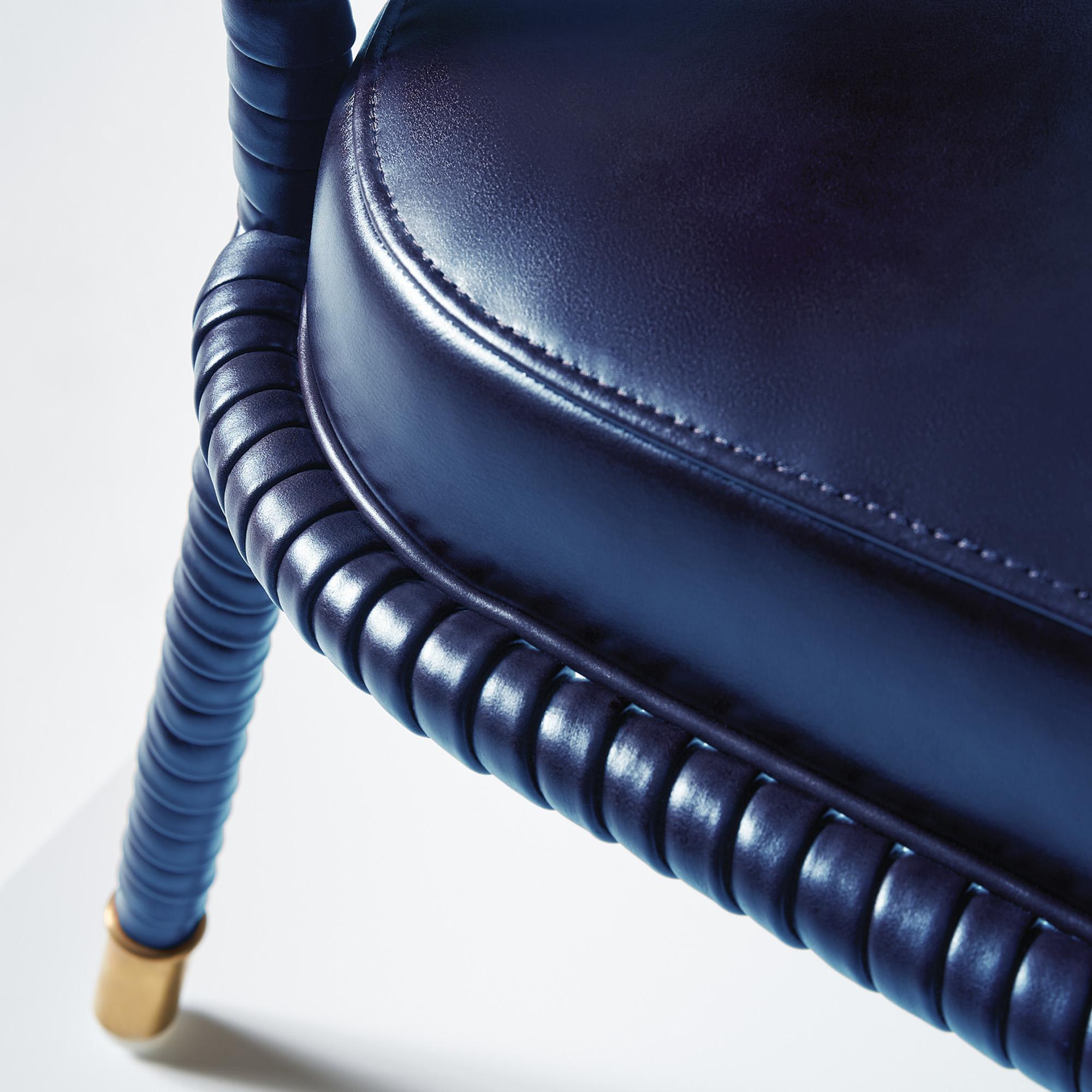 Brass Easton Dining Chair, Fully Wrapped Upholstered Leather in Navy Colour For Sale