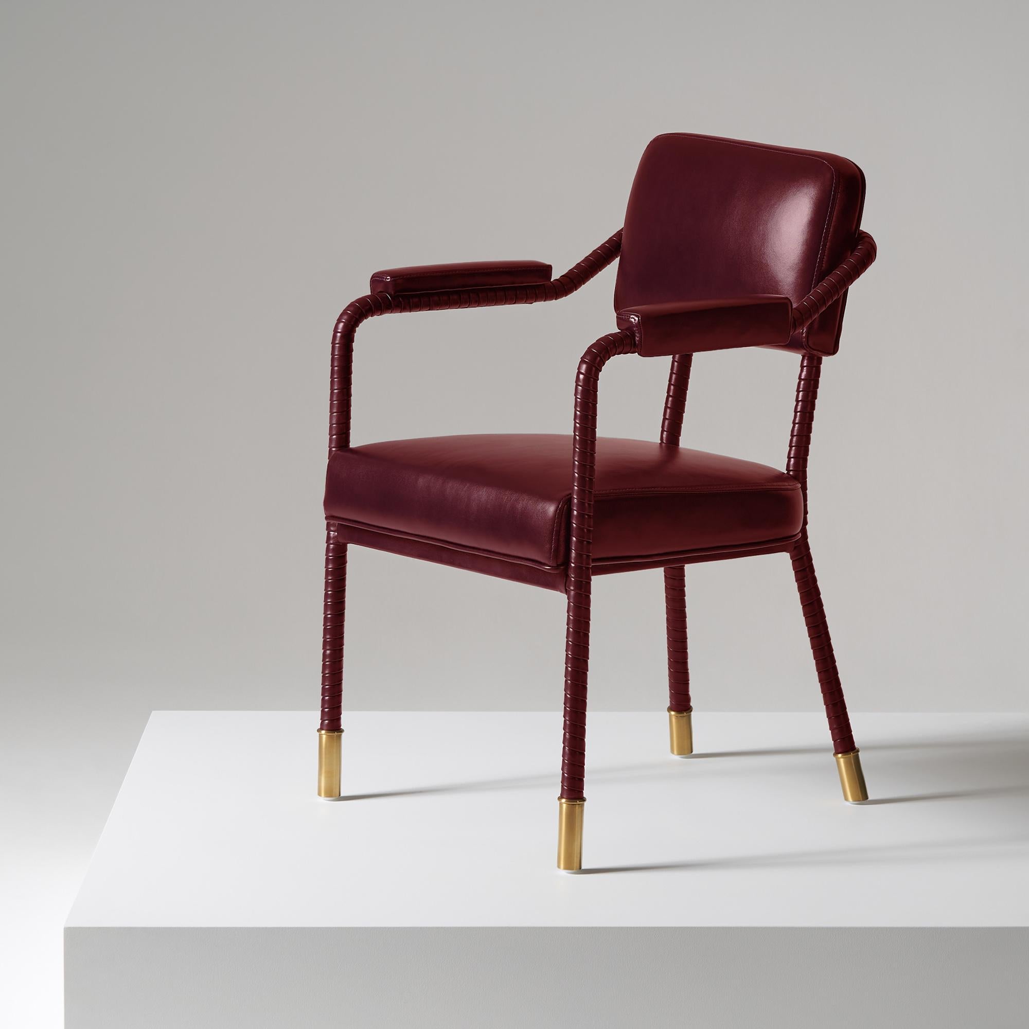 And objects, product design studio founded by Martin Brudnizki and Nick Jeanes based in London.

The Easton dining chair is uniquely crafted from stainless steel and Italian leather. Hand-wrapped leather cloaks a tubular frame ending with brass