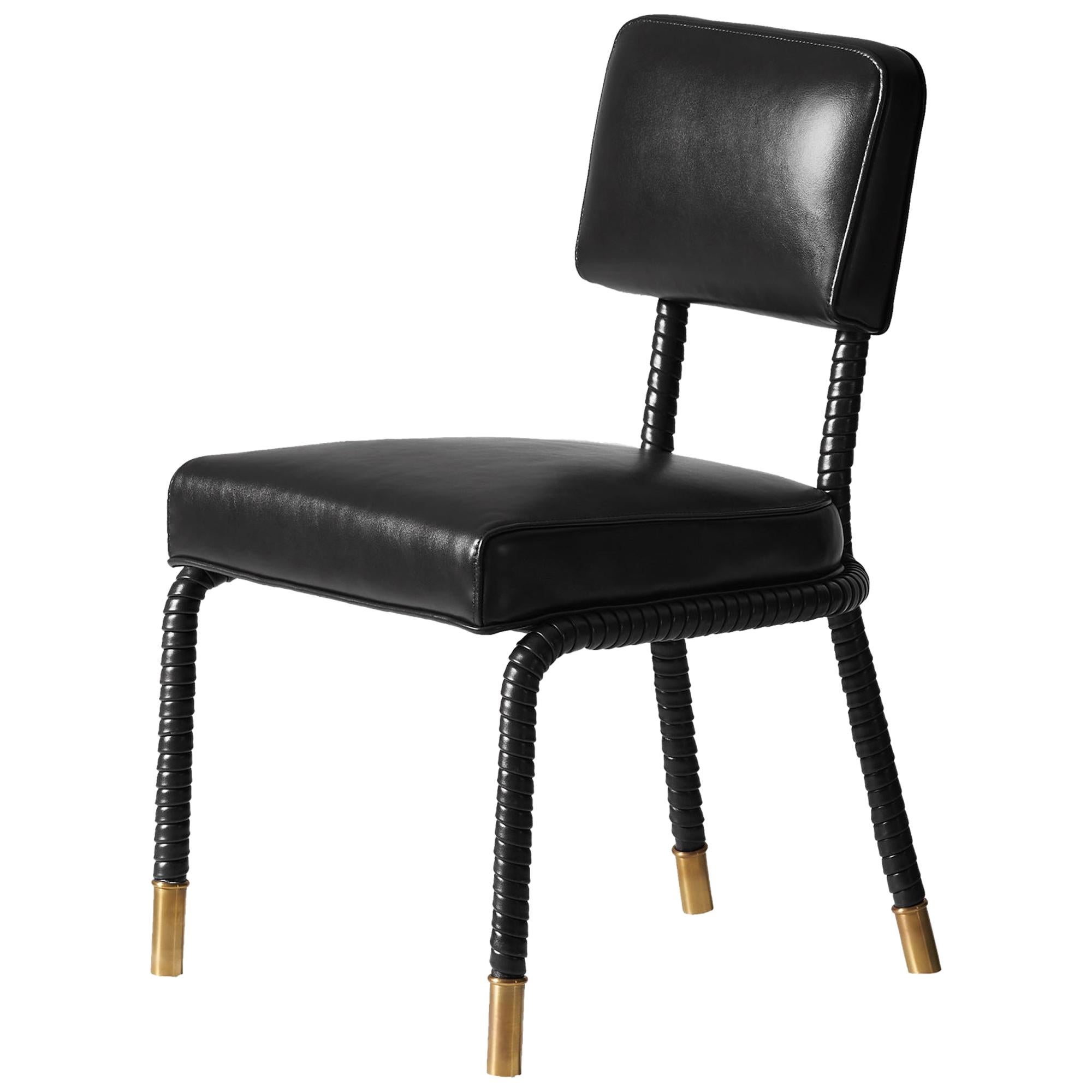 And Objects Easton Side Chair, Fully Wrapped Upholstered Leather in Black