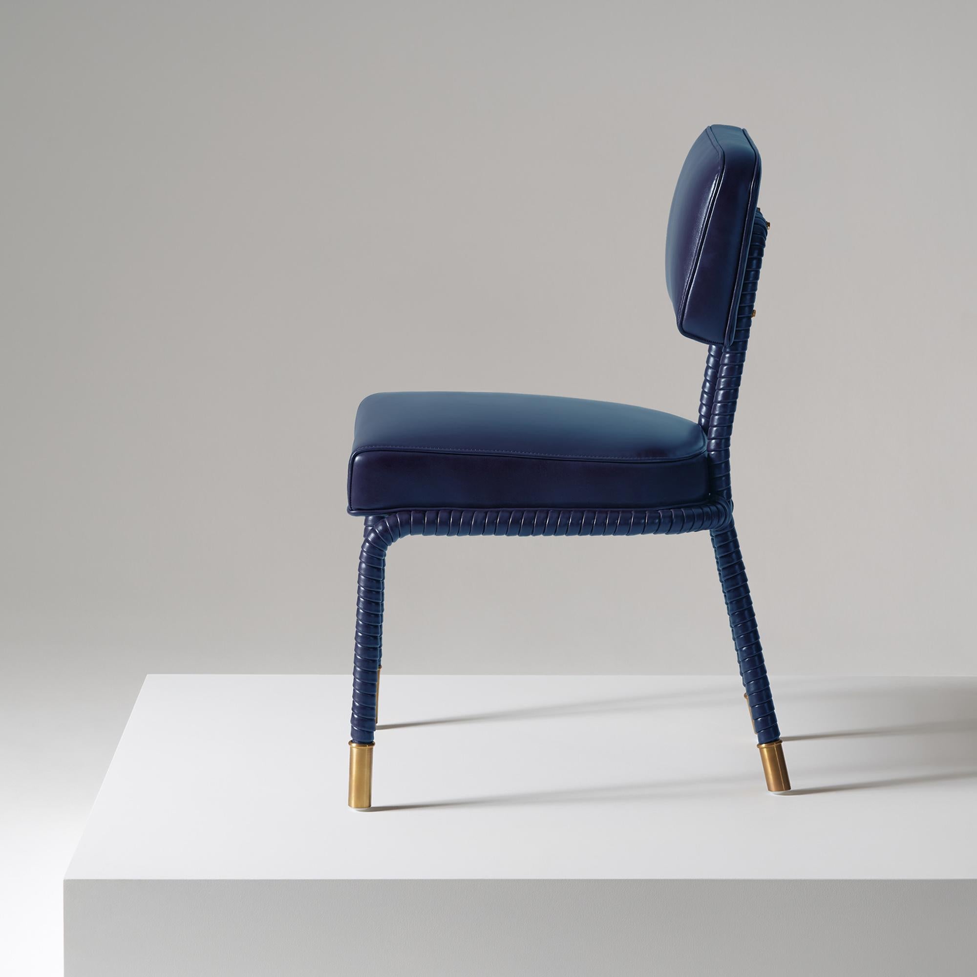 Hand-Crafted Easton Side Chair, Fully Wrapped Upholstered Leather in Navy Colour For Sale