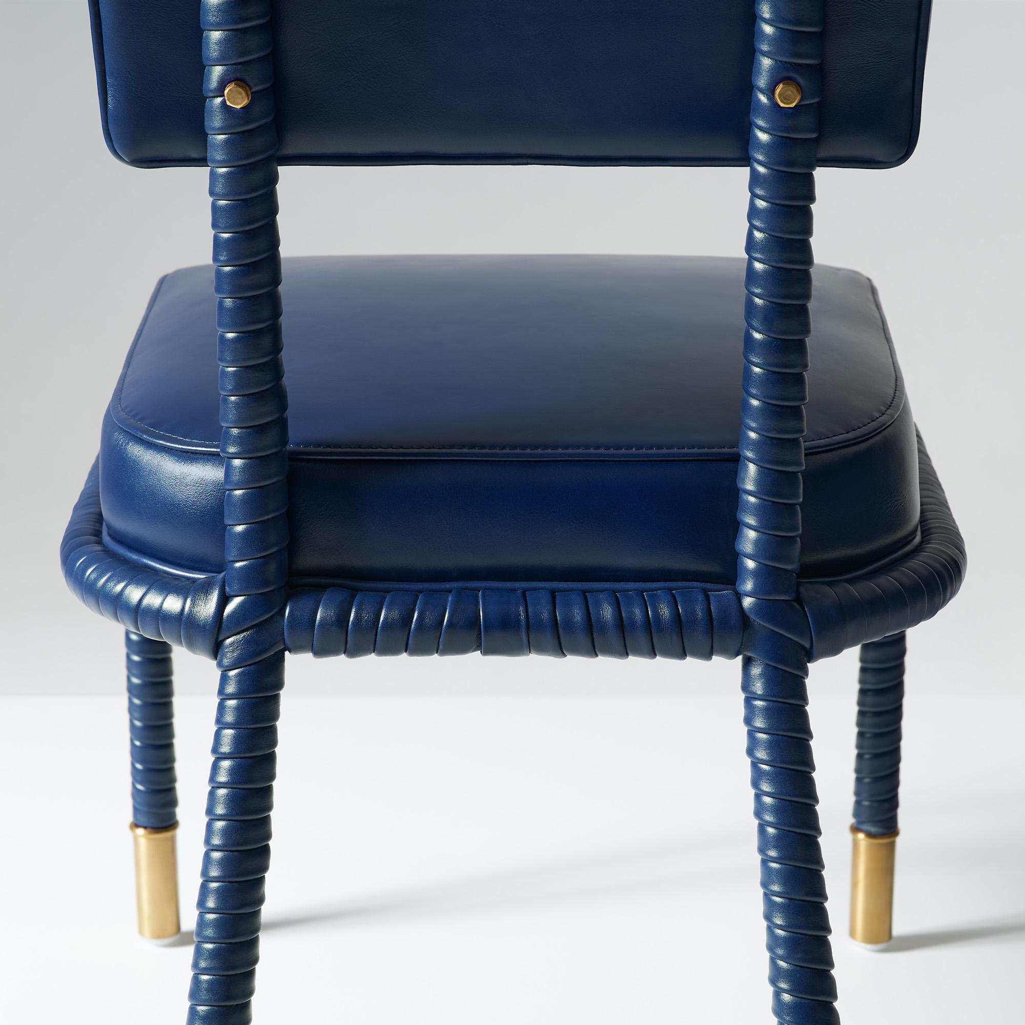 Contemporary Easton Side Chair, Fully Wrapped Upholstered Leather in Navy Colour For Sale