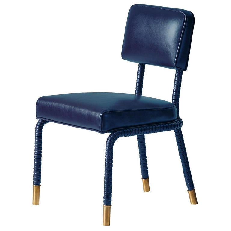 And Objects Easton Side Chair, Fully Wrapped Upholstered Leather in Navy For Sale