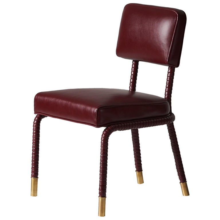 And Objects Easton Side Chair, Fully Wrapped Upholstered Leather in Red For Sale