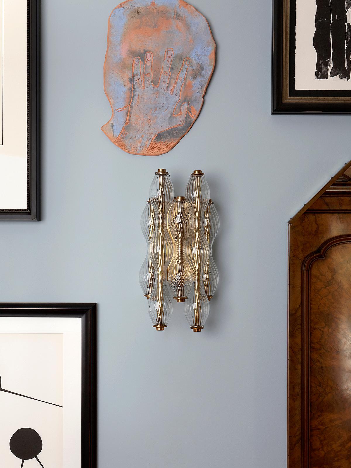 Contemporary Wherwell Wall Light Sconce, Hand Crafted SolidBrass and Hand Blown Glass For Sale