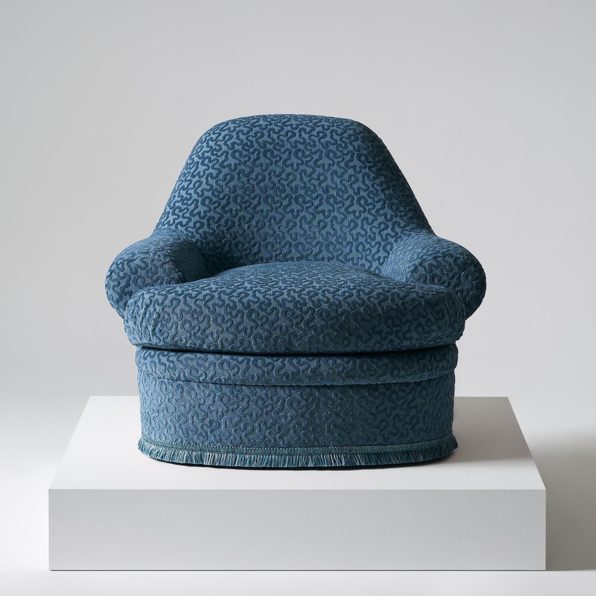 Hand-Crafted Wickham Armchair, Venetian Blue Velvet For Sale