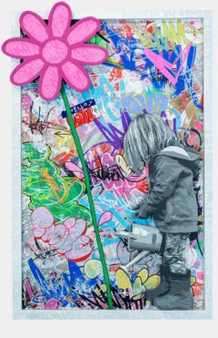 Blossom II Original Painting, Spray Paint and Ink on Wood Panel, Framed