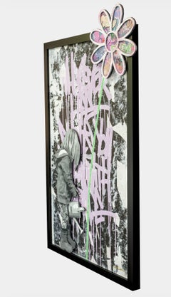 Blossom Original Painting, Spray Paint and Ink on Wood Panel, Framed