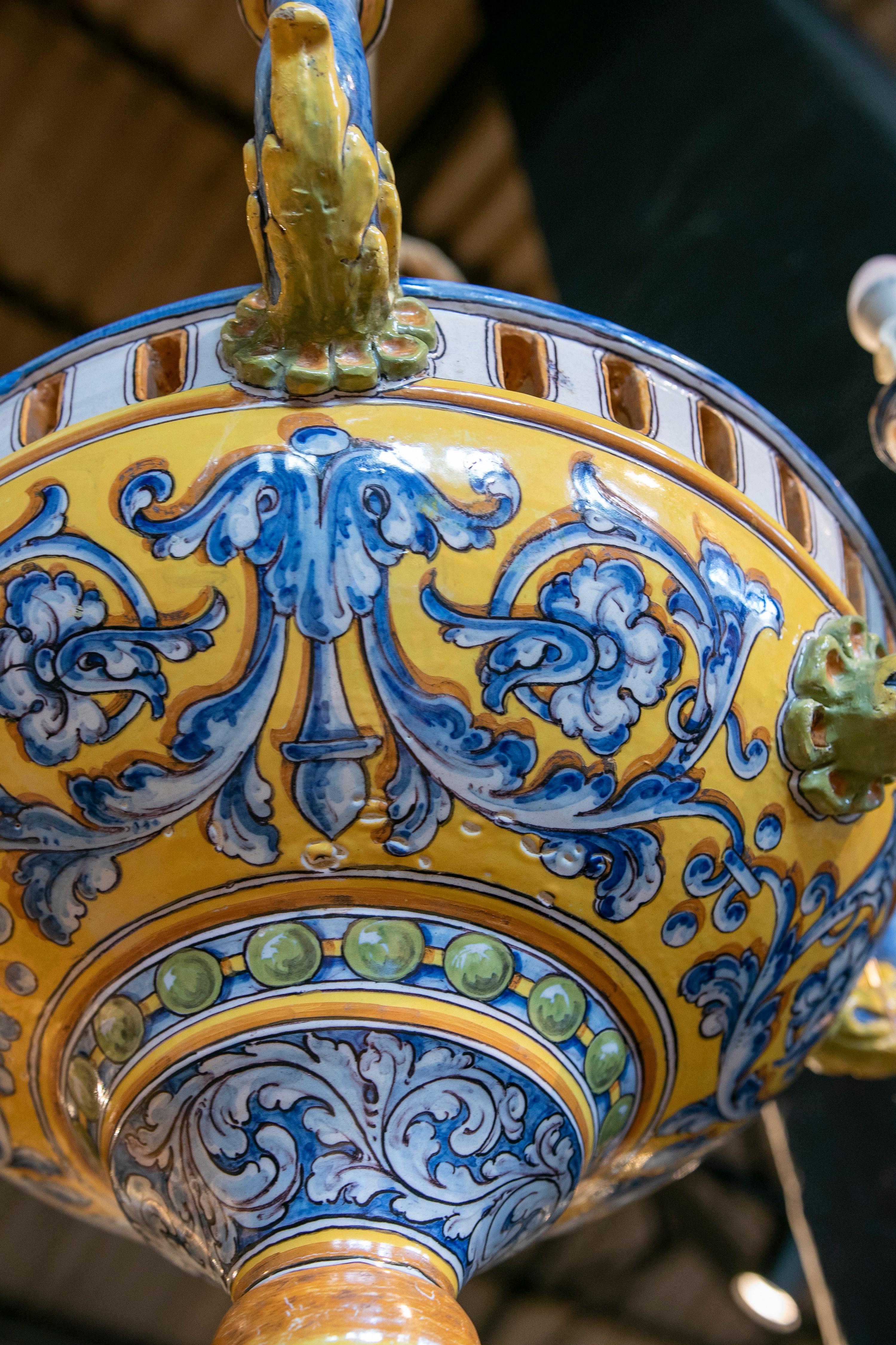 Hand-Painted Talavera Ceramic Lamp in Blue and Yellow Tones 3
