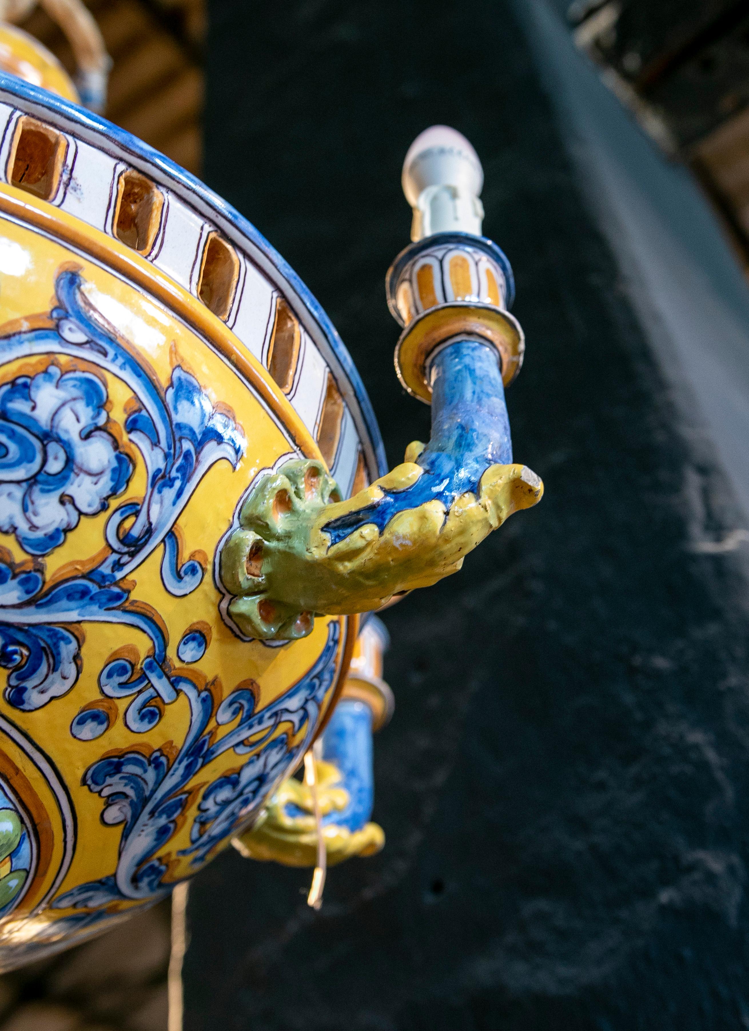 Hand-Painted Talavera Ceramic Lamp in Blue and Yellow Tones 4