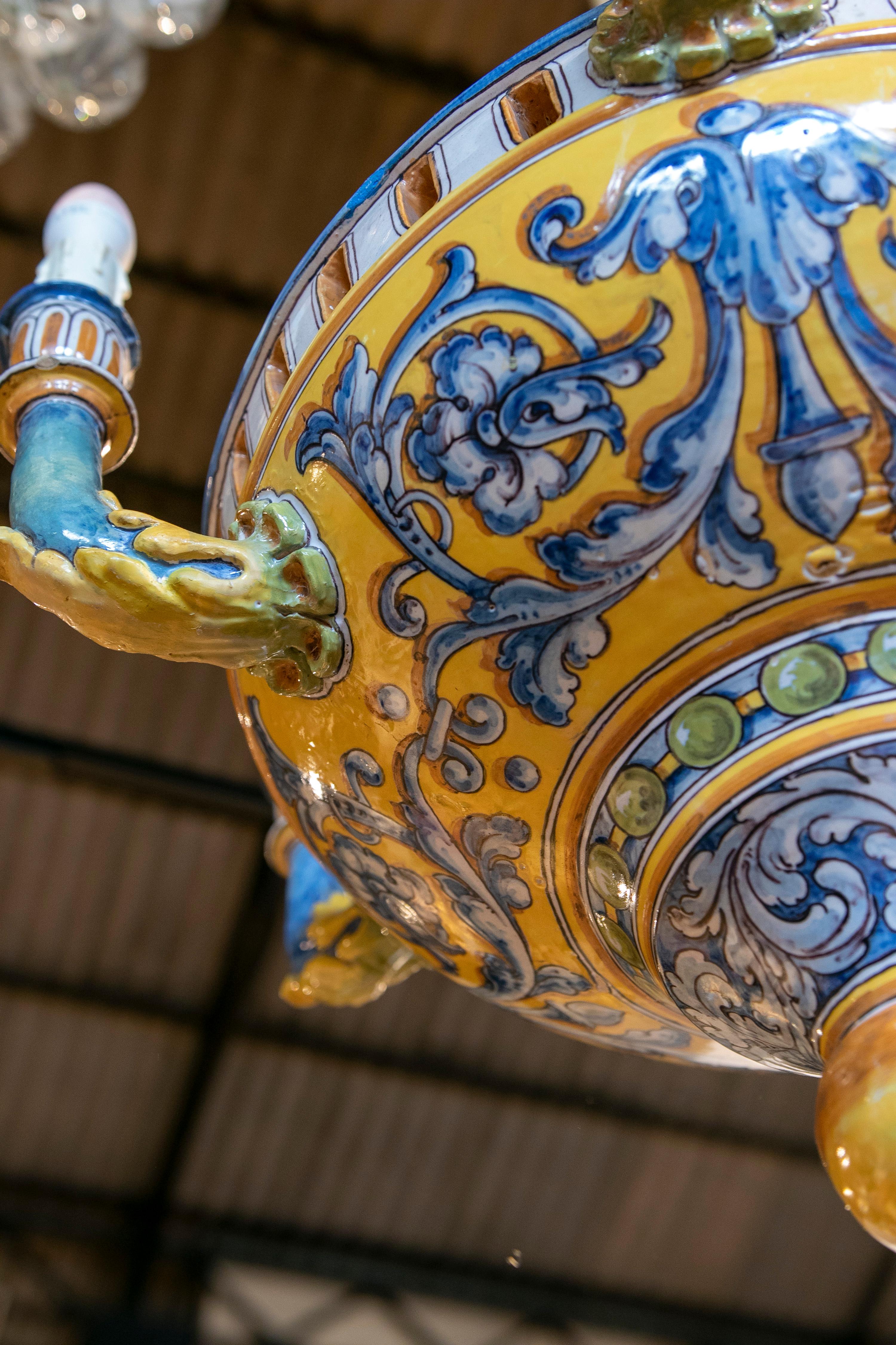 Hand-Painted Talavera Ceramic Lamp in Blue and Yellow Tones 5