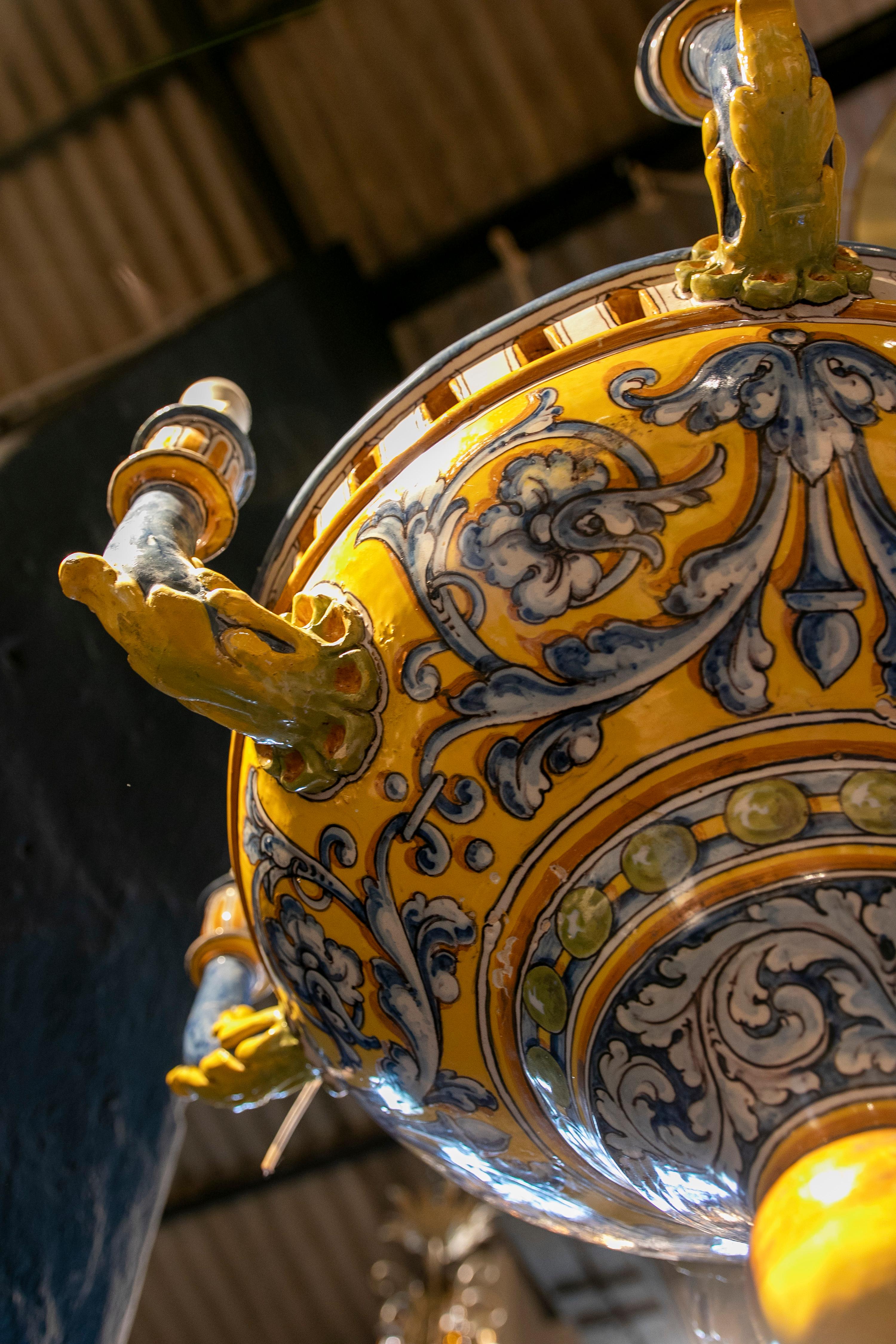 Hand-Painted Talavera Ceramic Lamp in Blue and Yellow Tones 6