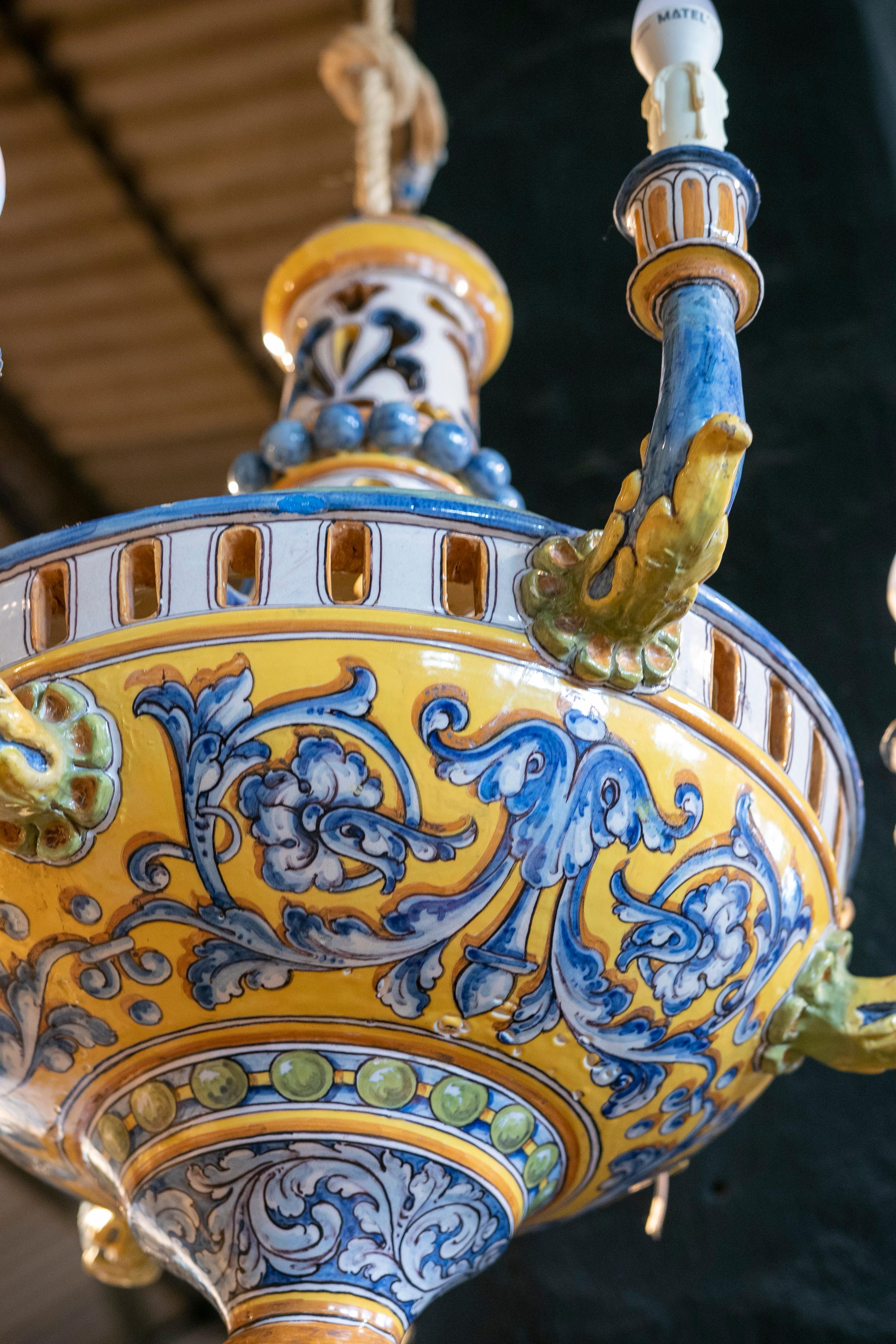 Hand-Painted Talavera Ceramic Lamp in Blue and Yellow Tones 9