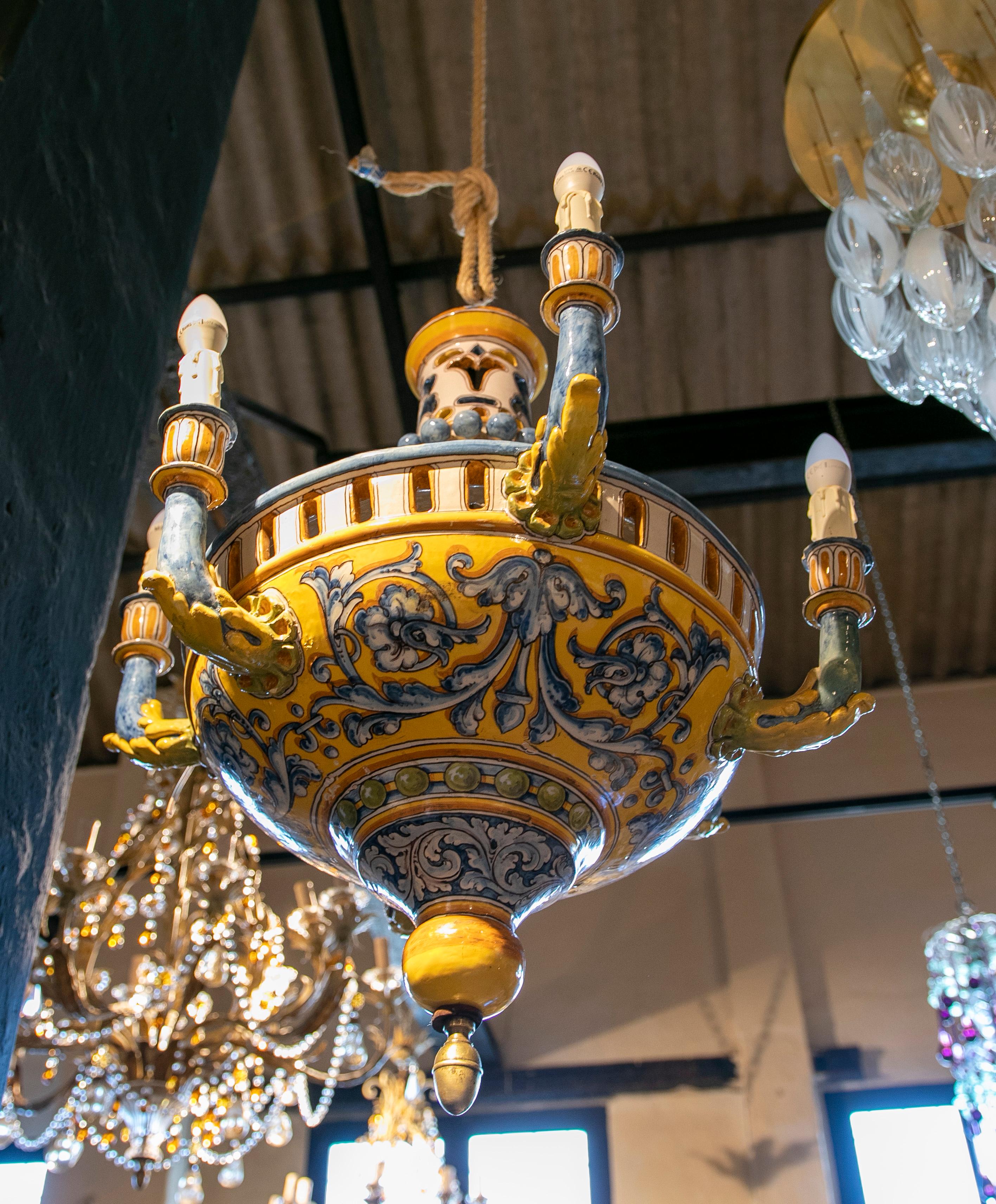 Spanish Hand-Painted Talavera Ceramic Lamp in Blue and Yellow Tones
