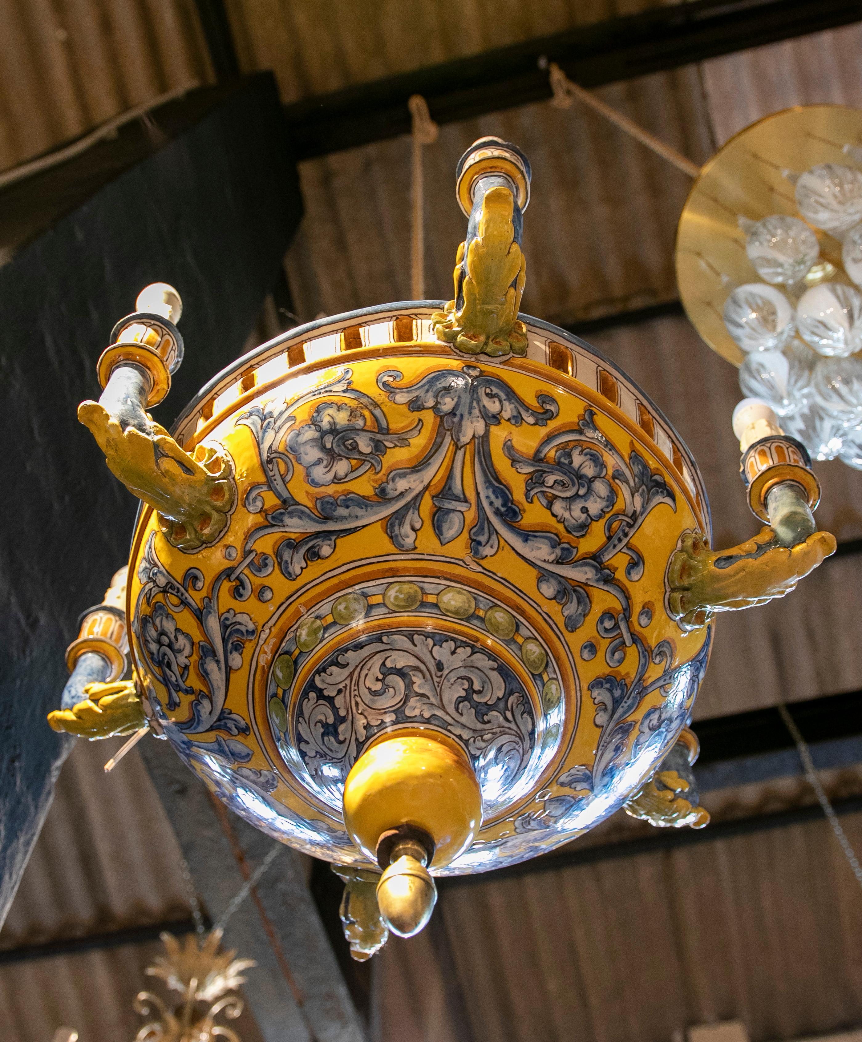 20th Century Hand-Painted Talavera Ceramic Lamp in Blue and Yellow Tones
