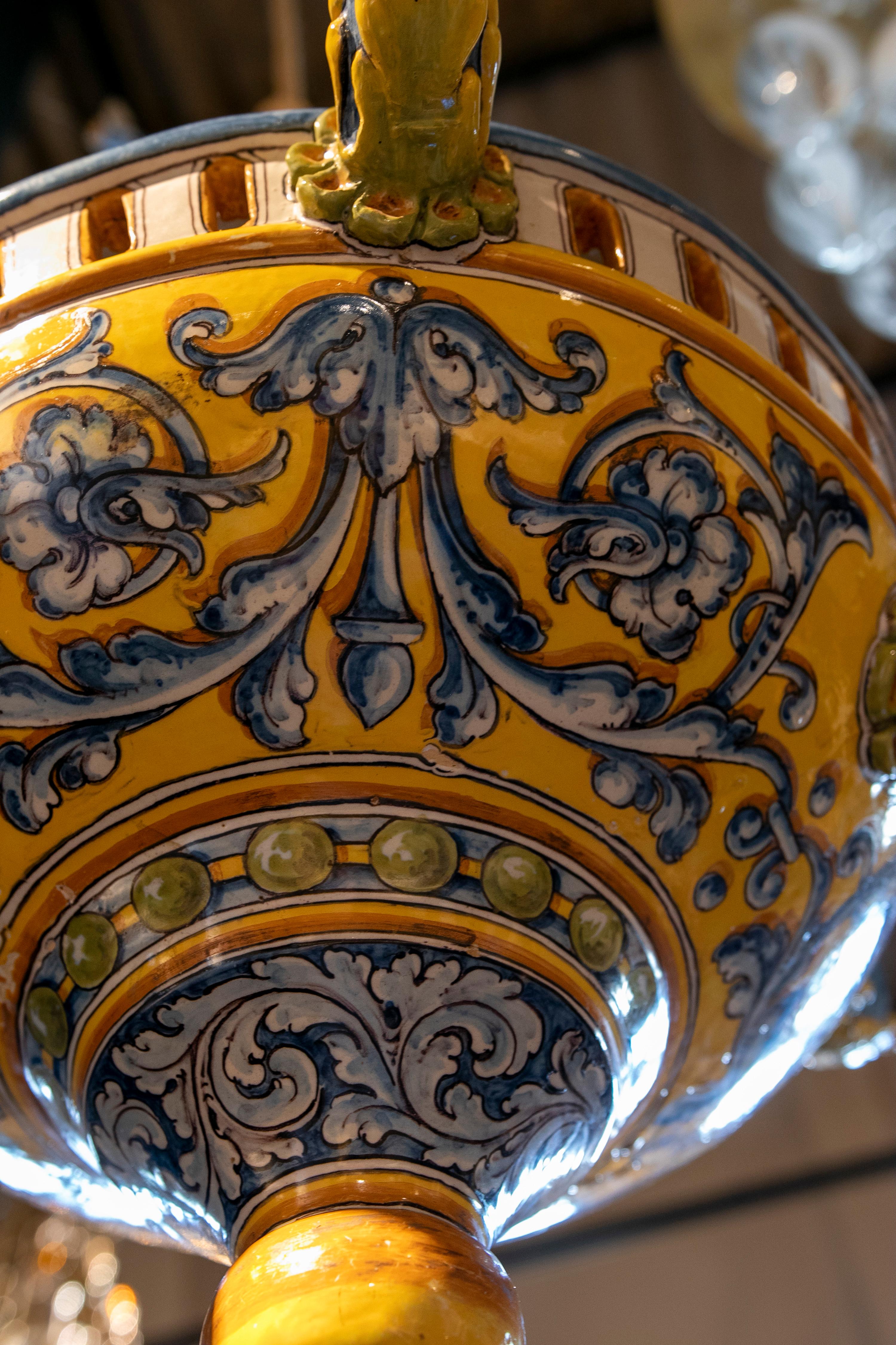 Hand-Painted Talavera Ceramic Lamp in Blue and Yellow Tones 1