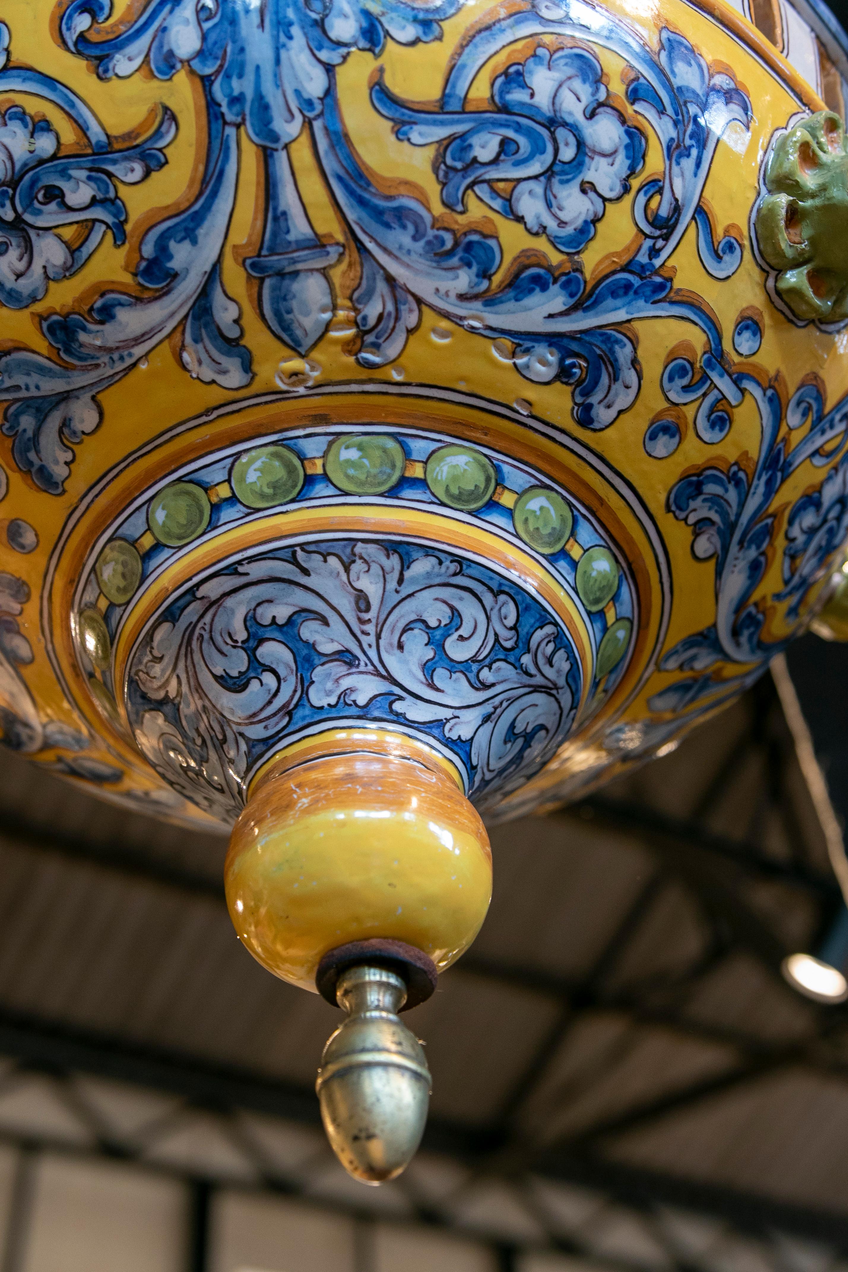 Hand-Painted Talavera Ceramic Lamp in Blue and Yellow Tones 2