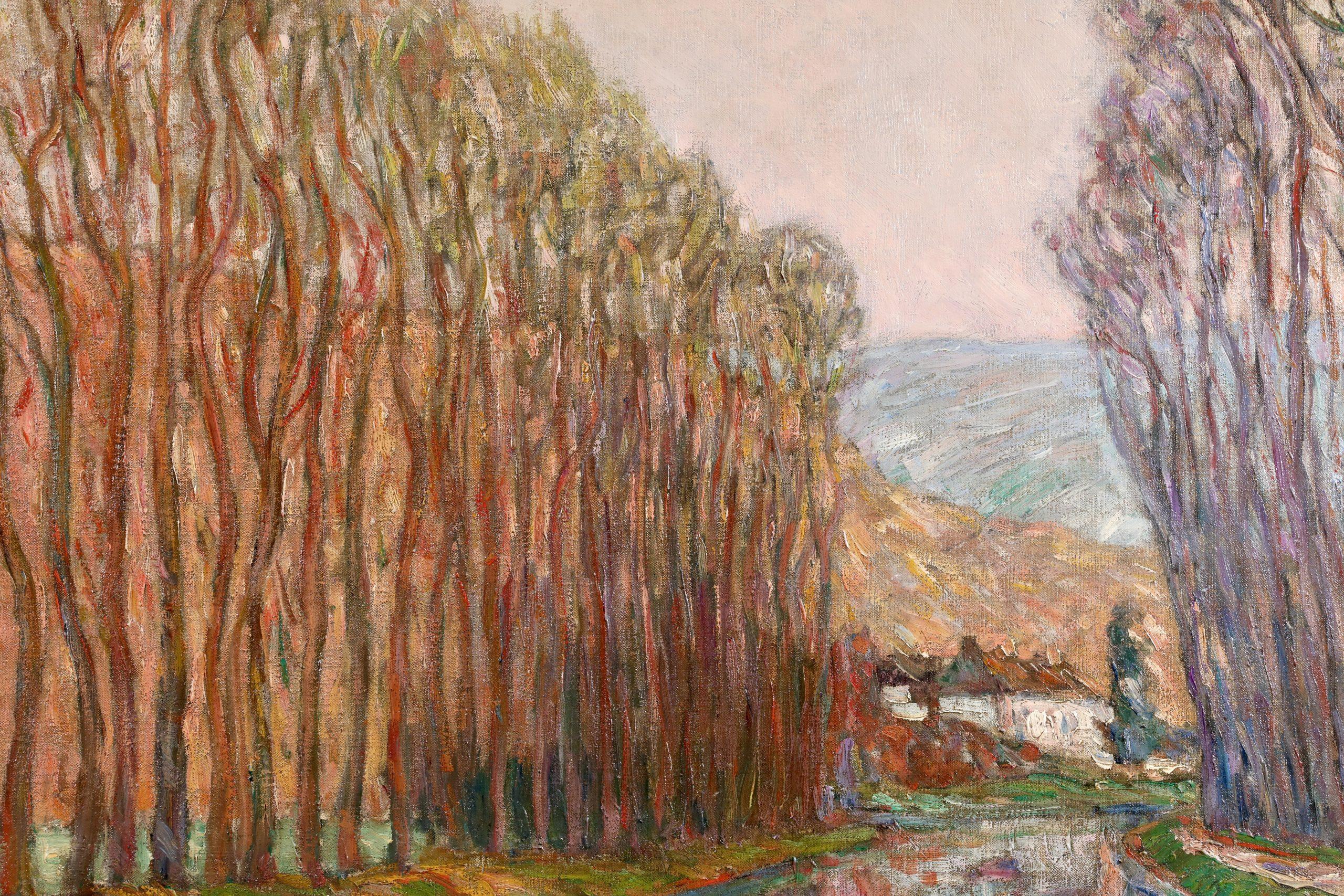 Signed and dated oil on canvas riverscape by French modernist painter Andre Wilder. The work depicts a view from the mouth of a tree-lined river on a cool autumn day. The towering trees are reflected in the water below. The houses of a village can