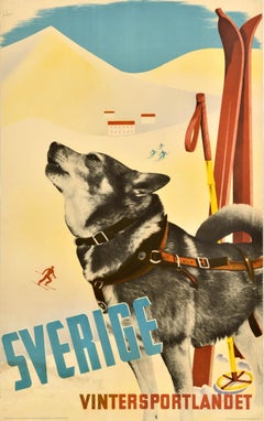 Original-Vintage-Skiposter Sverige Vintersportlandet Schweden, Wintersport, Hund