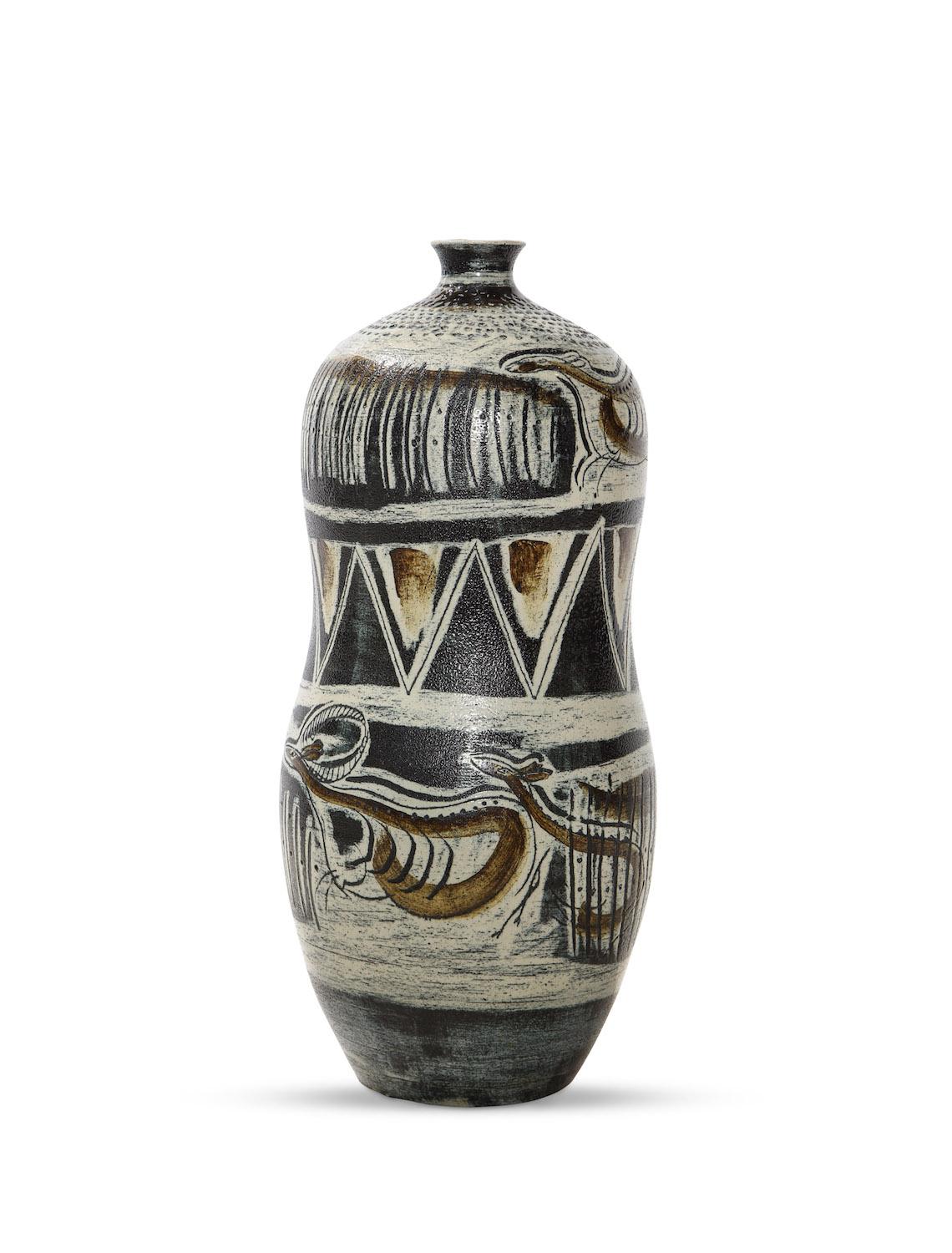 Large, handmade stoneware vase, bulbous form with incised and painted decoration. Liljefors, a painter and sculptor created work at Gustavsberg in Sweden on and off during the late 1940s and 1950s. Works by him of this scale are very rare.